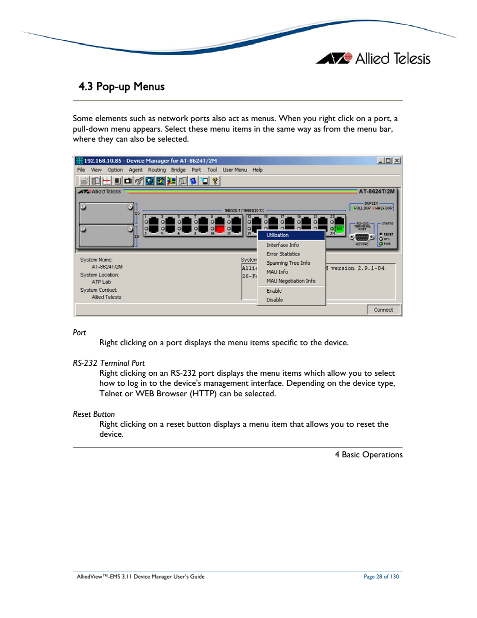 3 pop-up menus | Allied Telesis AlliedView-EMS 3.11 DEVICE MANAGEMENT User Manual | Page 28 / 130