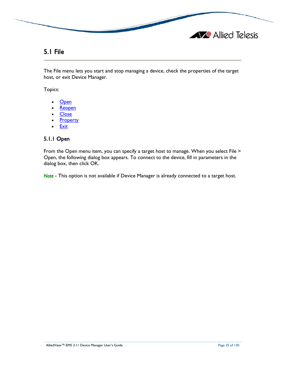 1 file, 1 open | Allied Telesis AlliedView-EMS 3.11 DEVICE MANAGEMENT User Manual | Page 35 / 130