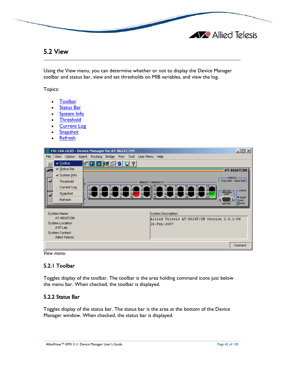 2 view, 1 toolbar, 2 status bar | Allied Telesis AlliedView-EMS 3.11 DEVICE MANAGEMENT User Manual | Page 42 / 130