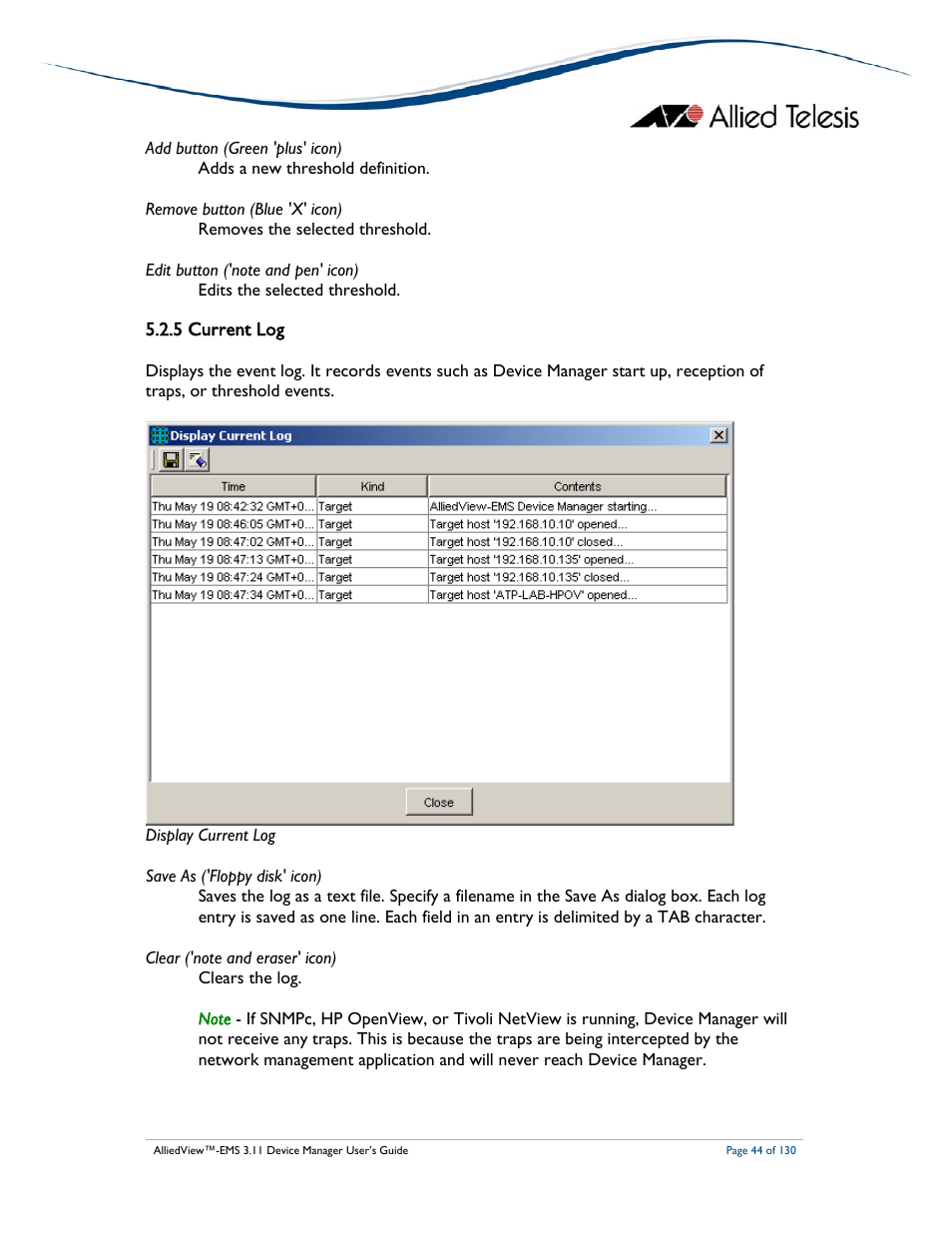 5 current log | Allied Telesis AlliedView-EMS 3.11 DEVICE MANAGEMENT User Manual | Page 44 / 130