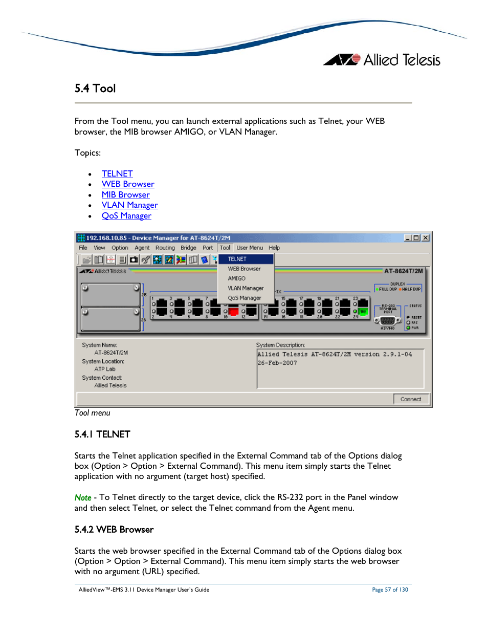 4 tool, 1 telnet, 2 web browser | Allied Telesis AlliedView-EMS 3.11 DEVICE MANAGEMENT User Manual | Page 57 / 130