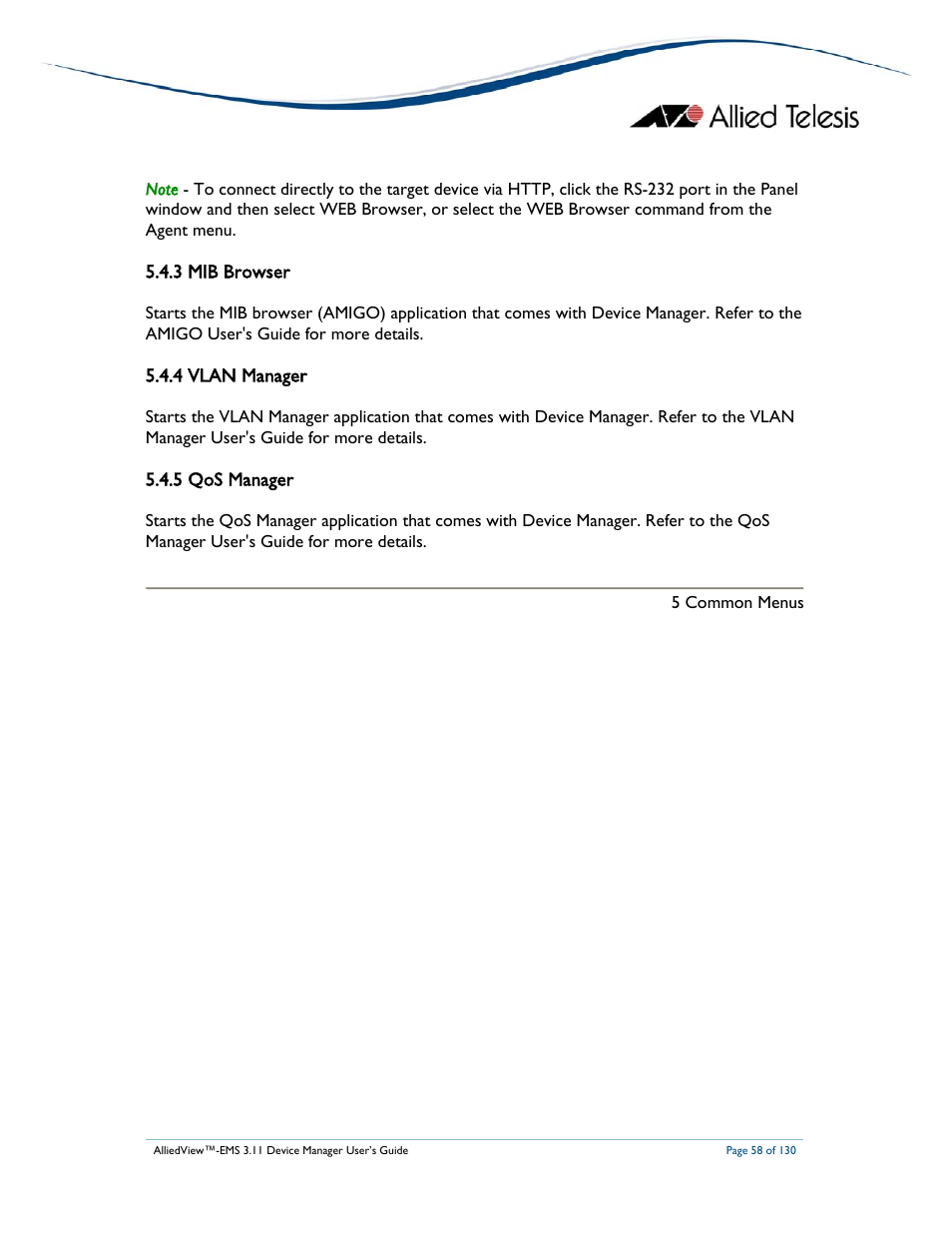 3 mib browser, 4 vlan manager, 5 qos manager | Allied Telesis AlliedView-EMS 3.11 DEVICE MANAGEMENT User Manual | Page 58 / 130