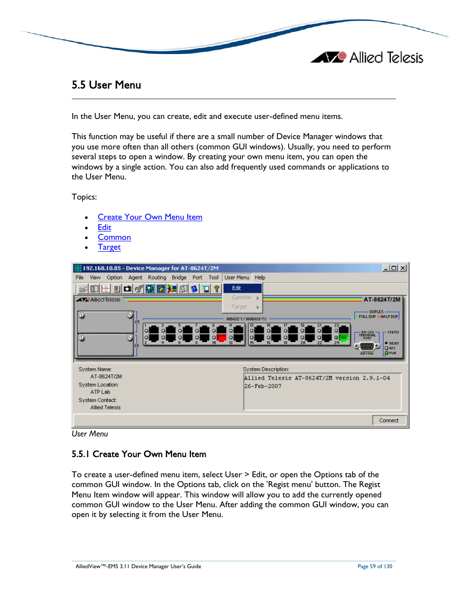 5 user menu, 1 create your own menu item | Allied Telesis AlliedView-EMS 3.11 DEVICE MANAGEMENT User Manual | Page 59 / 130