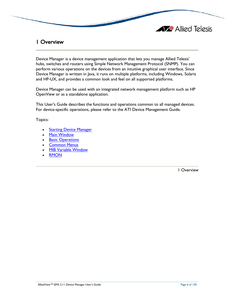 1 overview | Allied Telesis AlliedView-EMS 3.11 DEVICE MANAGEMENT User Manual | Page 6 / 130