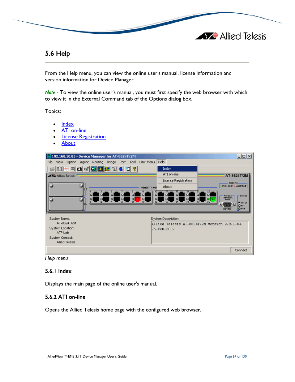 6 help, 1 index, 2 ati on-line | Allied Telesis AlliedView-EMS 3.11 DEVICE MANAGEMENT User Manual | Page 64 / 130