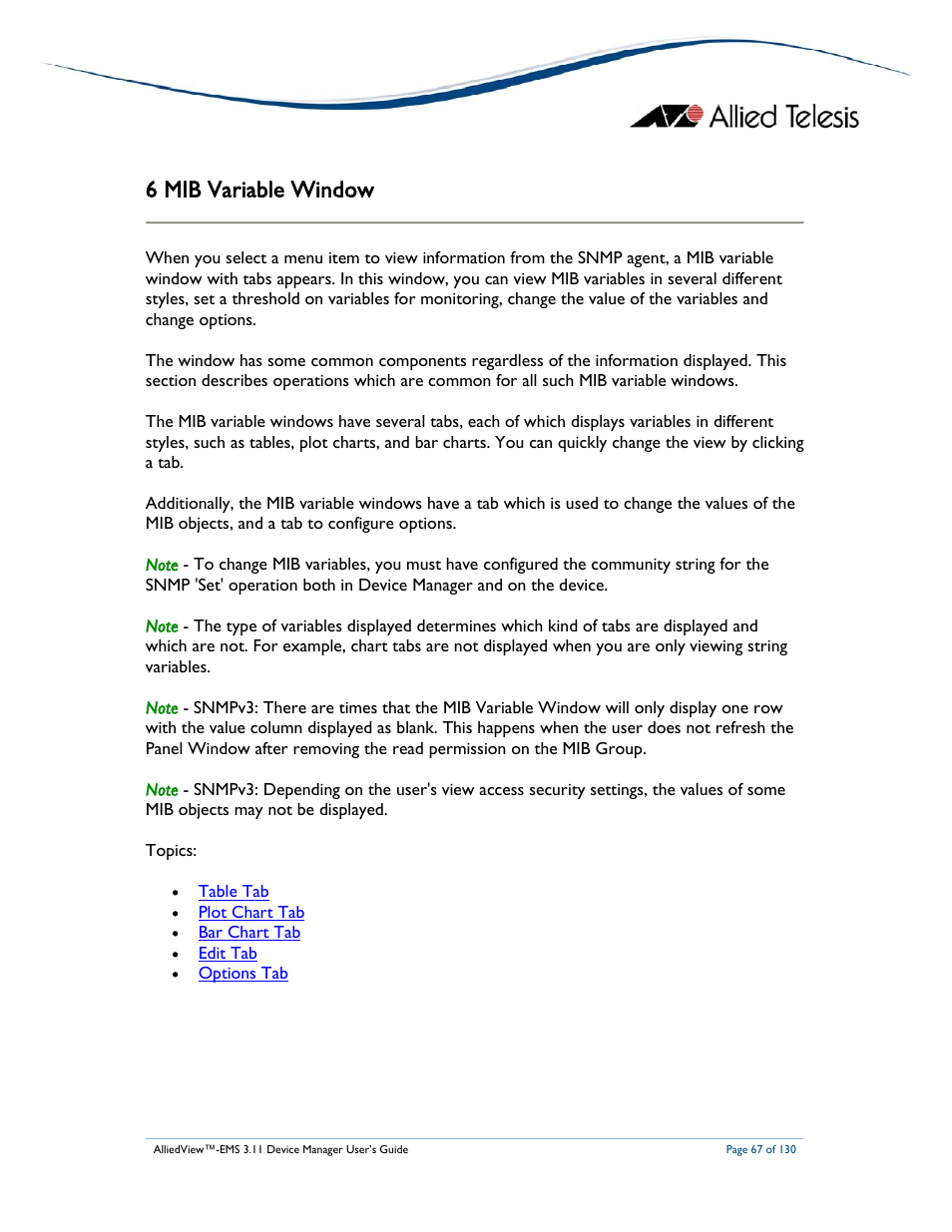 6 mib variable window | Allied Telesis AlliedView-EMS 3.11 DEVICE MANAGEMENT User Manual | Page 67 / 130