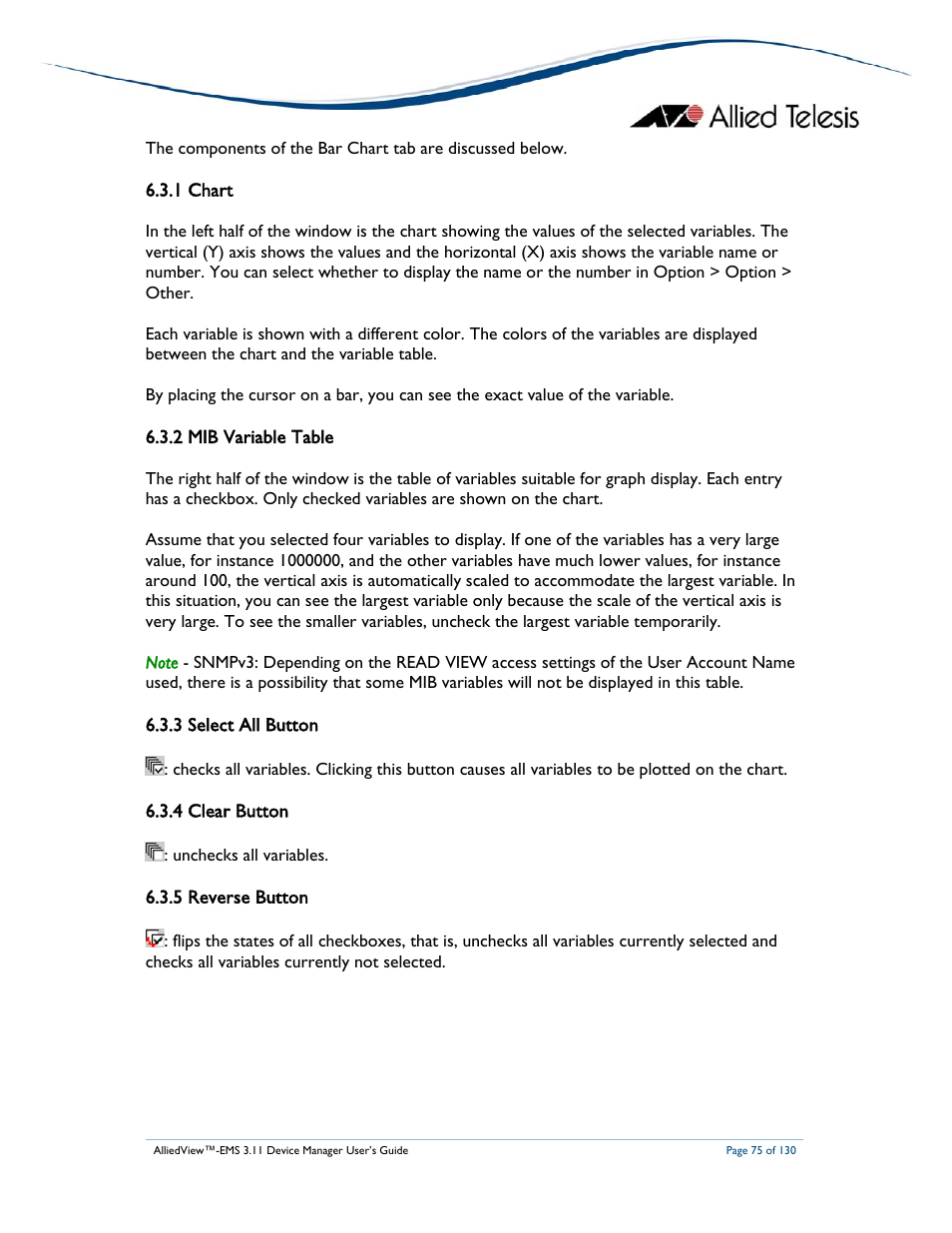 1 chart, 2 mib variable table, 3 select all button | 4 clear button, 5 reverse button | Allied Telesis AlliedView-EMS 3.11 DEVICE MANAGEMENT User Manual | Page 75 / 130