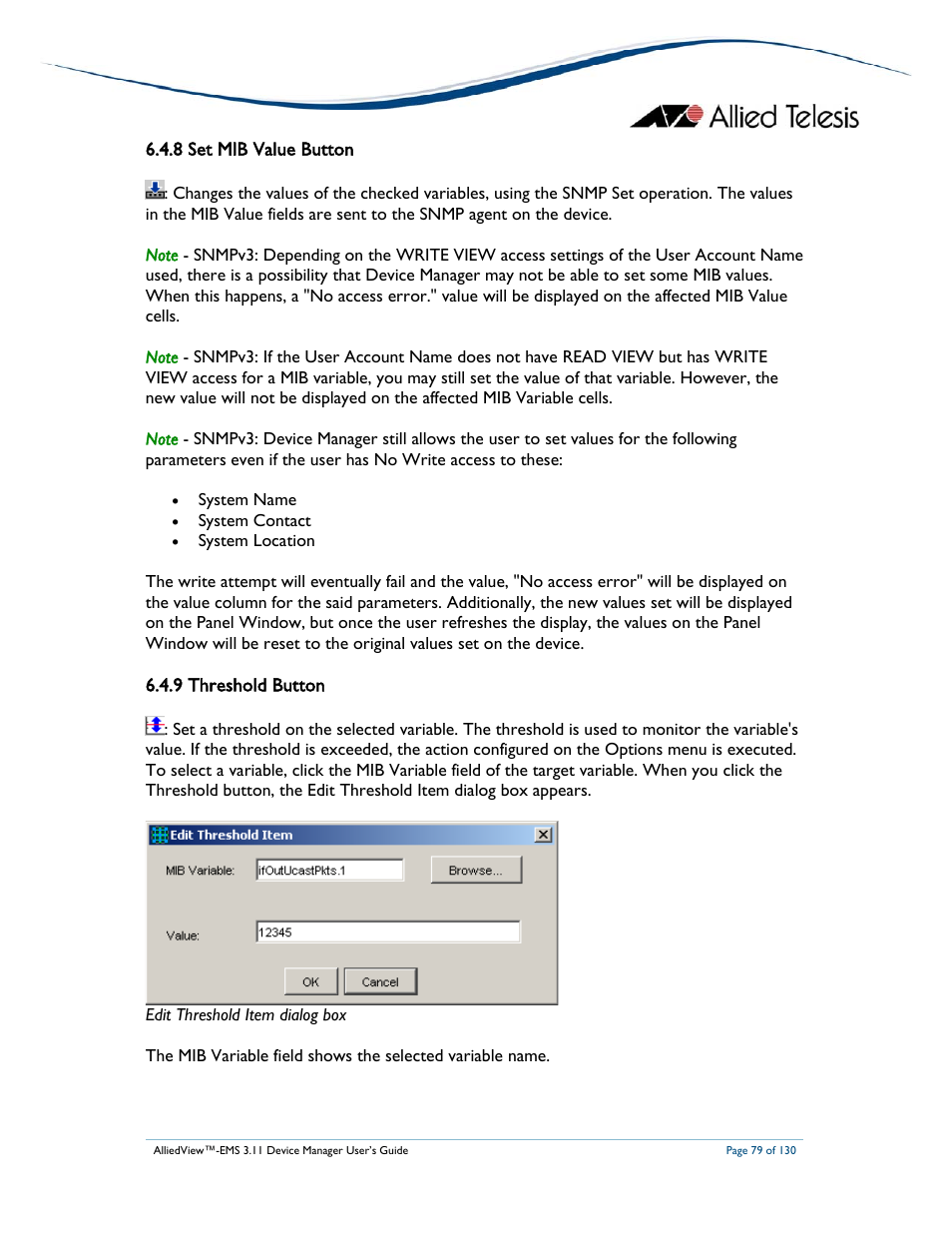 8 set mib value button, 9 threshold button | Allied Telesis AlliedView-EMS 3.11 DEVICE MANAGEMENT User Manual | Page 79 / 130