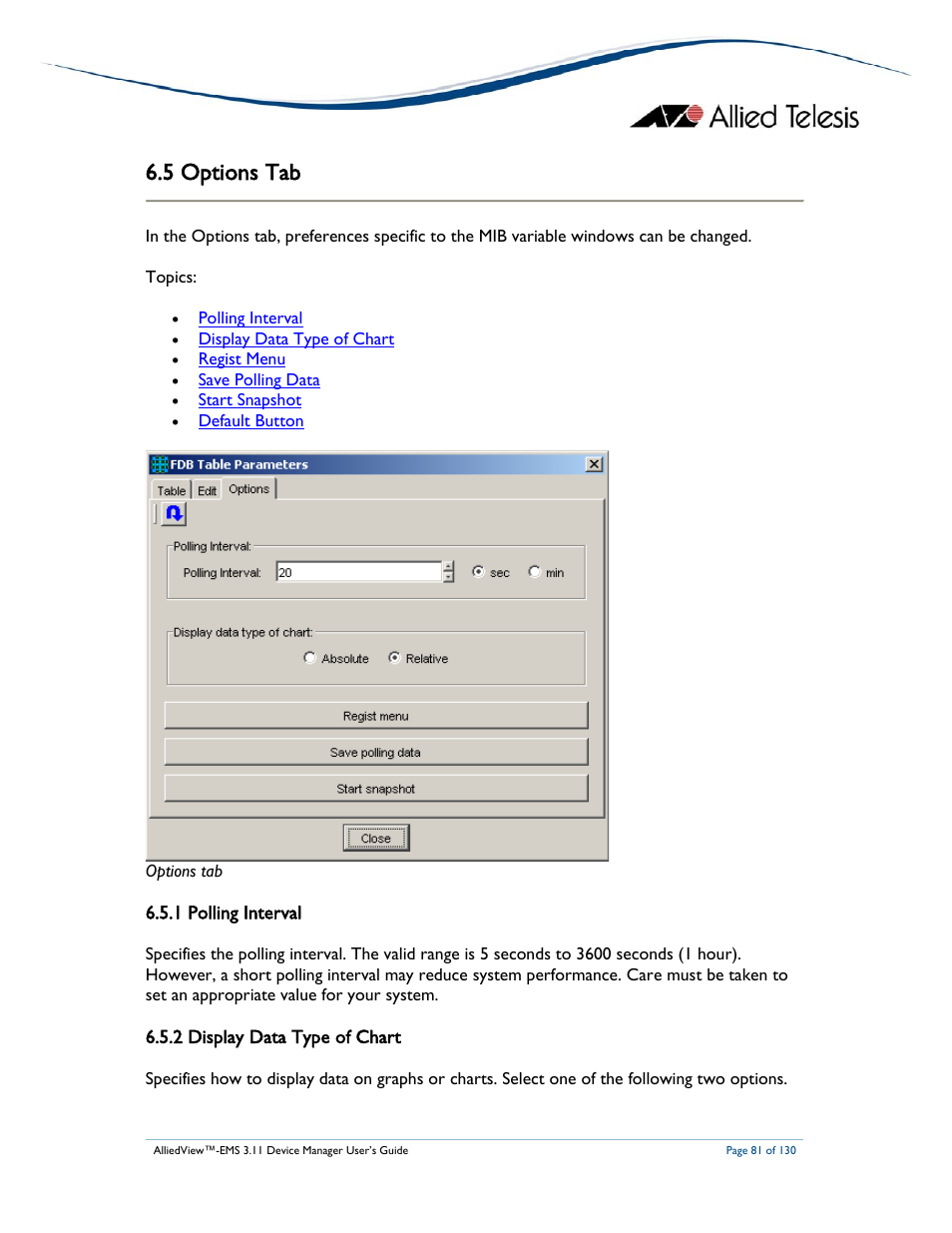 5 options tab, 1 polling interval, 2 display data type of chart | Allied Telesis AlliedView-EMS 3.11 DEVICE MANAGEMENT User Manual | Page 81 / 130