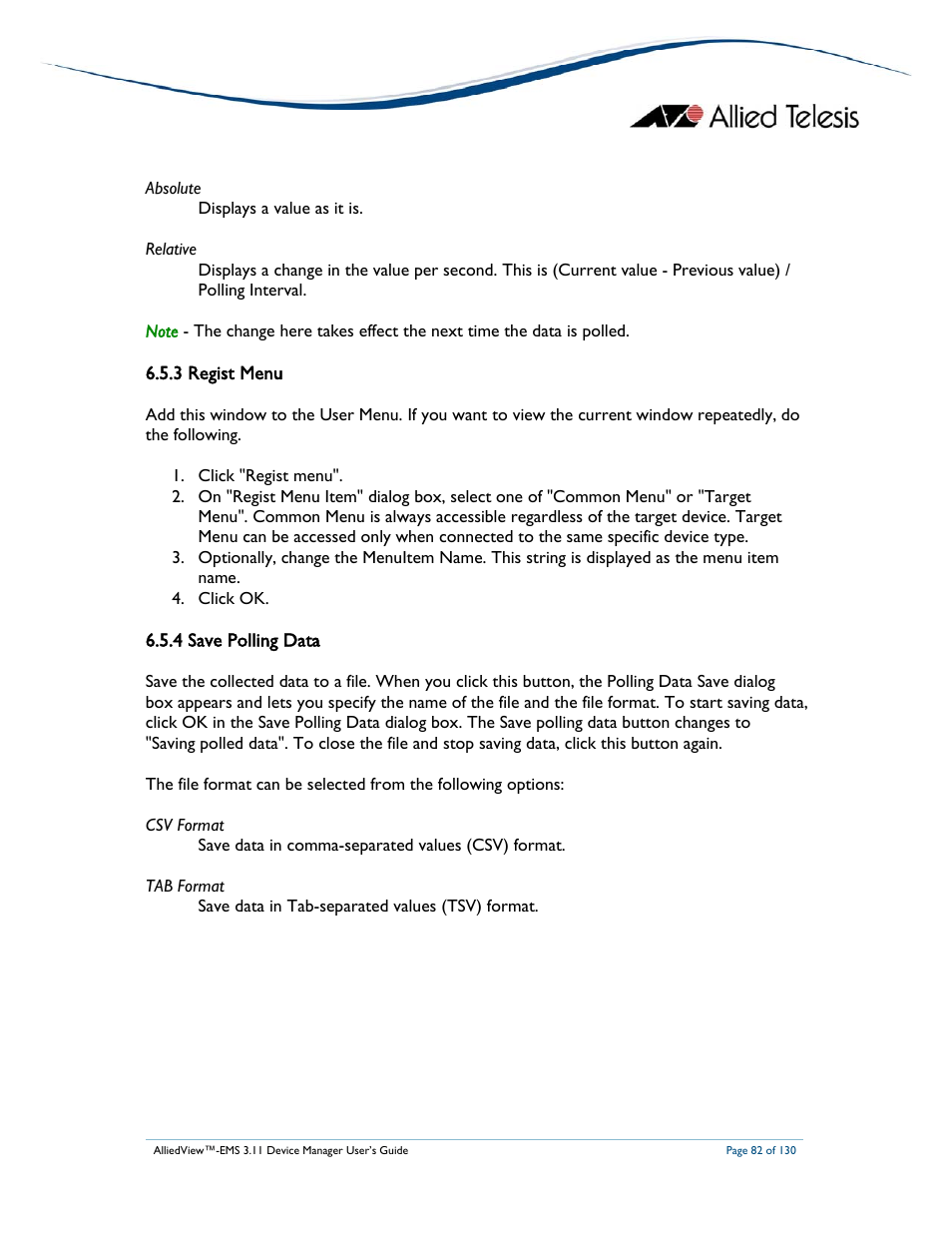3 regist menu, 4 save polling data | Allied Telesis AlliedView-EMS 3.11 DEVICE MANAGEMENT User Manual | Page 82 / 130
