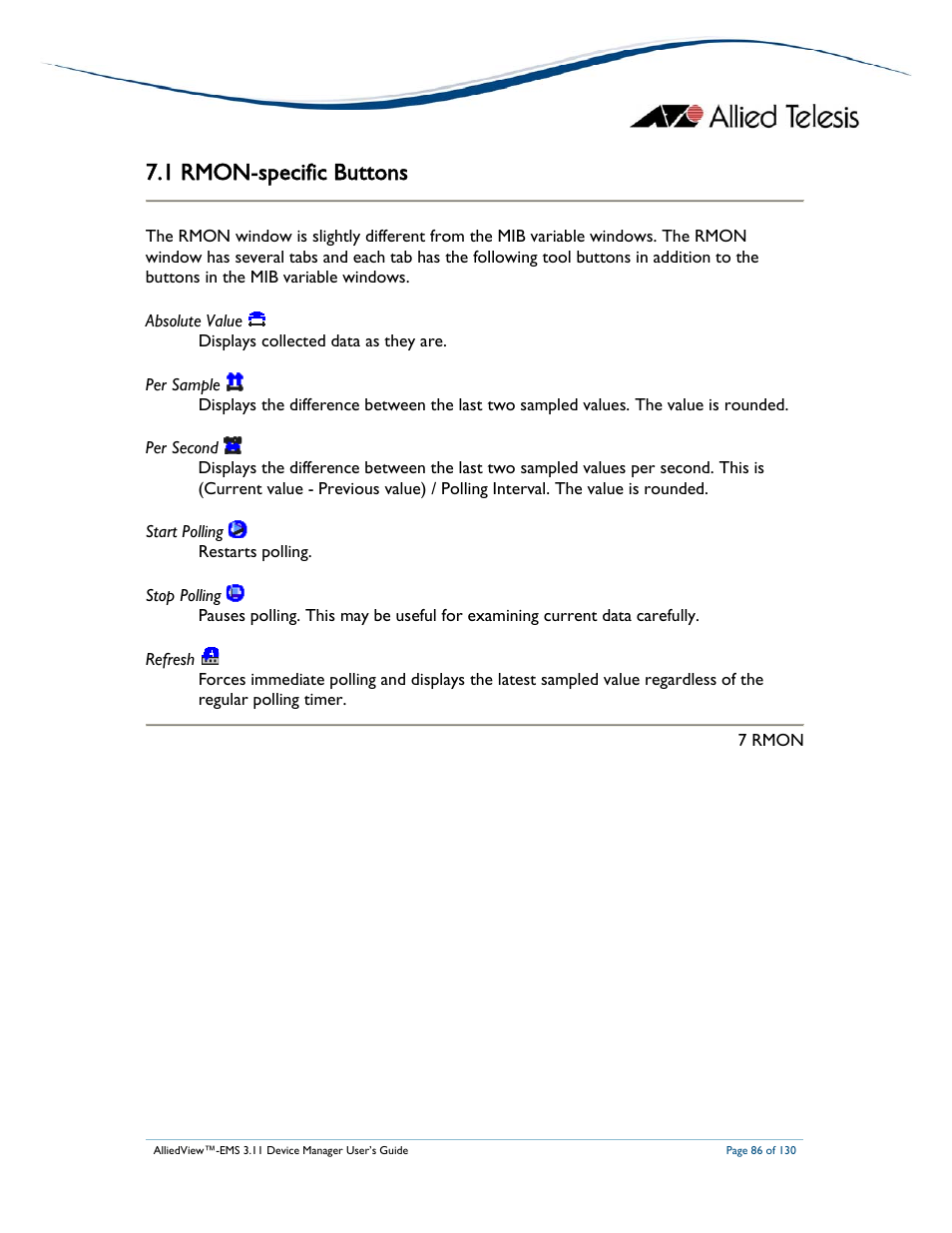 1 rmon-specific buttons | Allied Telesis AlliedView-EMS 3.11 DEVICE MANAGEMENT User Manual | Page 86 / 130