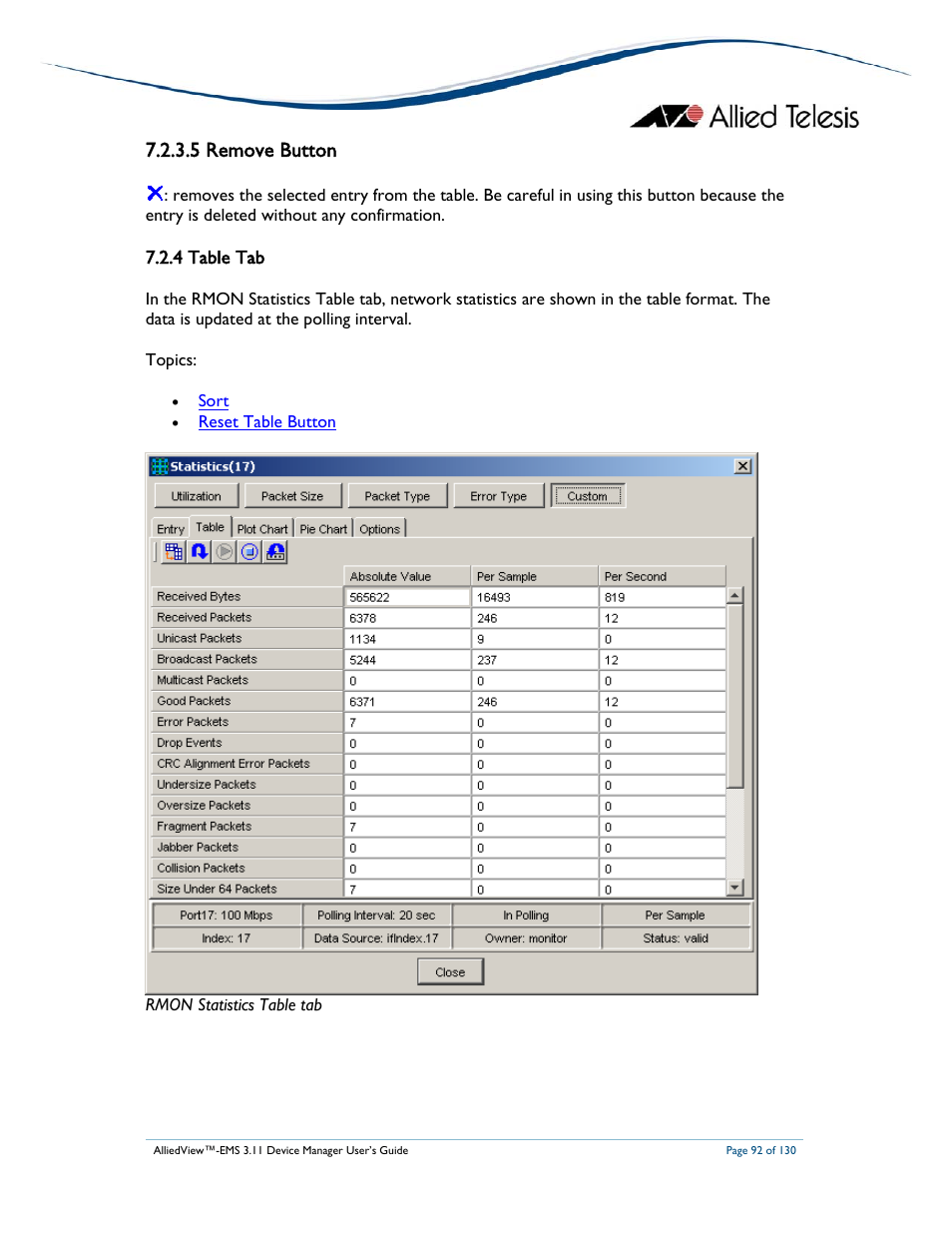 5 remove button, 4 table tab | Allied Telesis AlliedView-EMS 3.11 DEVICE MANAGEMENT User Manual | Page 92 / 130