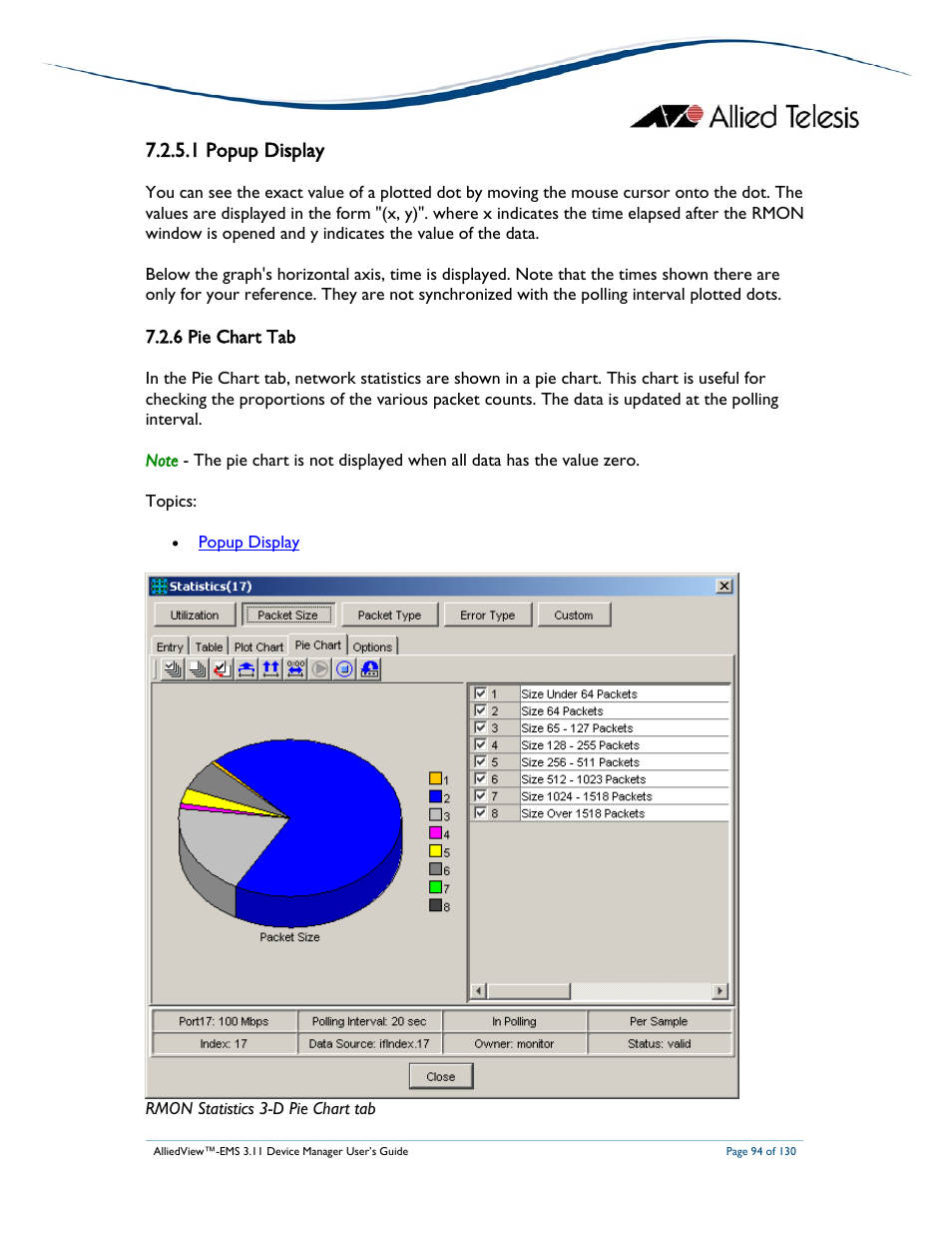 1 popup display, 6 pie chart tab | Allied Telesis AlliedView-EMS 3.11 DEVICE MANAGEMENT User Manual | Page 94 / 130