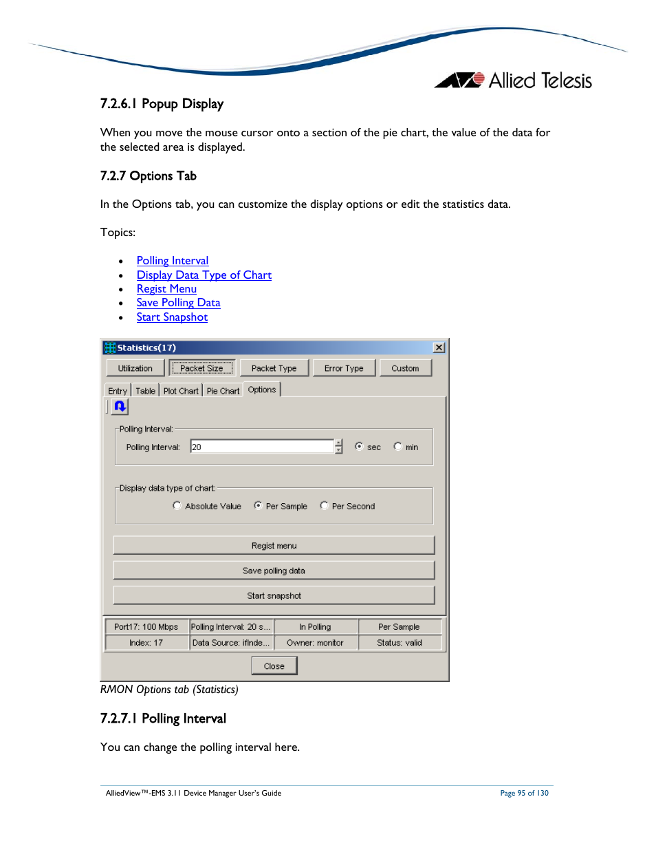1 popup display, 1 polling interval, 7 options tab | Allied Telesis AlliedView-EMS 3.11 DEVICE MANAGEMENT User Manual | Page 95 / 130