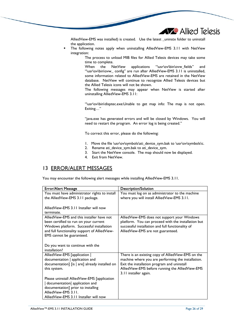 13 error/alert messages | Allied Telesis AlliedView-EMS 3.11 INSTALLATION User Manual | Page 26 / 29
