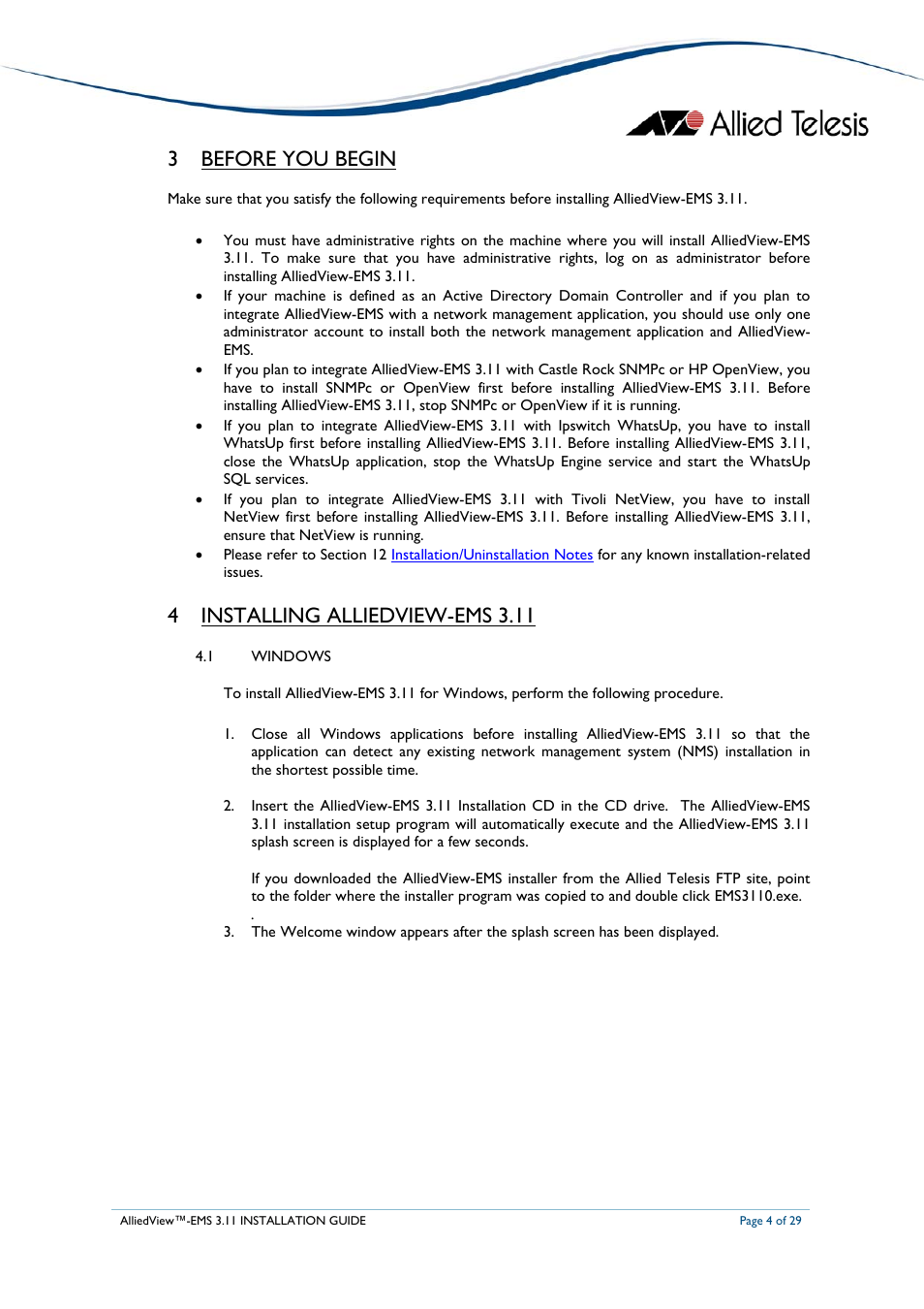 3 before you begin, 4 installing alliedview-ems 3.11 | Allied Telesis AlliedView-EMS 3.11 INSTALLATION User Manual | Page 4 / 29