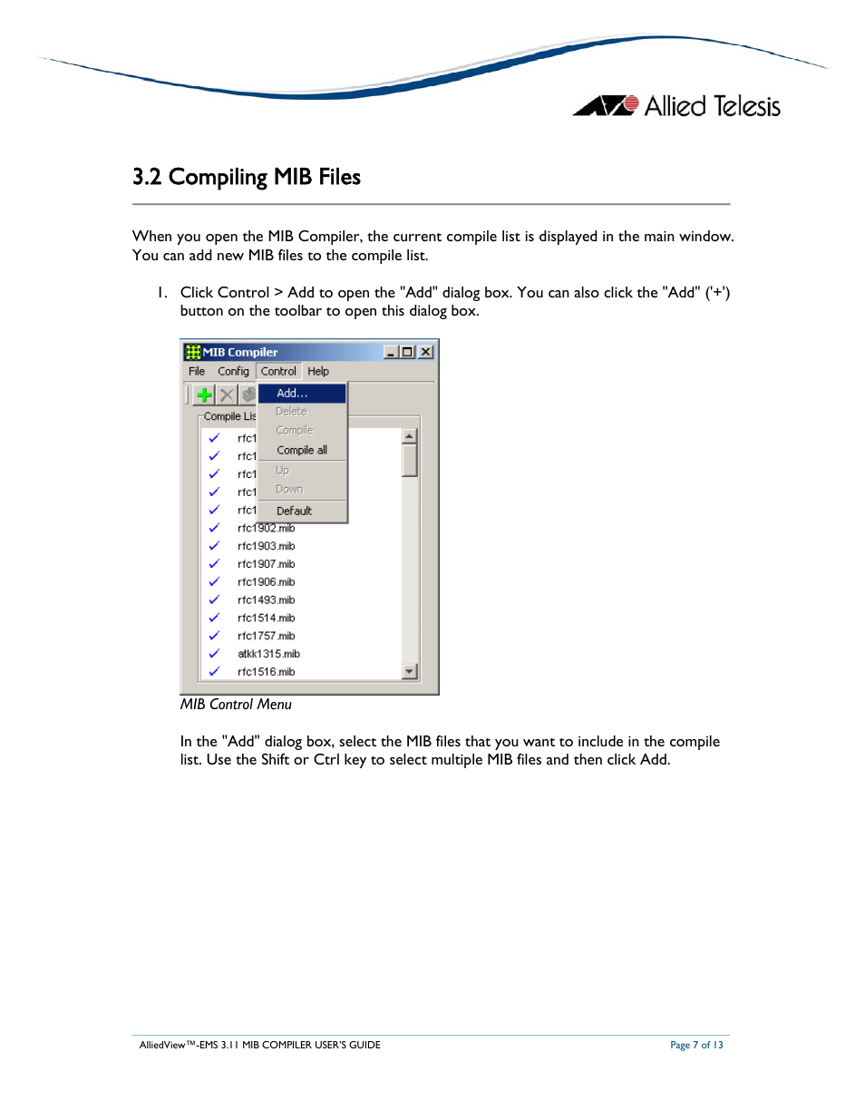 2 compiling mib files | Allied Telesis AlliedView-EMS 3.11 MIB COMPILER User Manual | Page 7 / 13