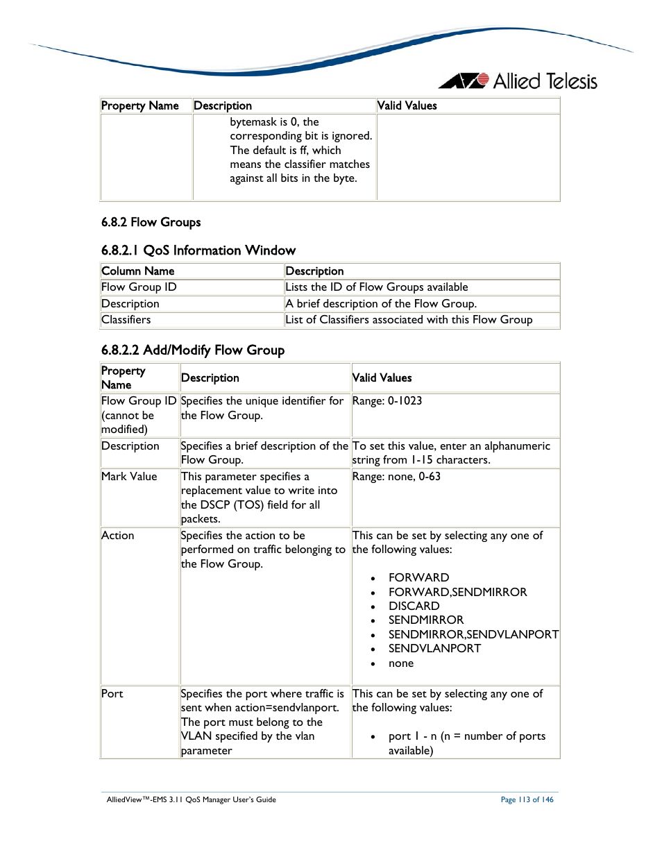 1 qos information window, 2 add/modify flow group | Allied Telesis AlliedView-EMS 3.11 QoS MANAGER User Manual | Page 113 / 146