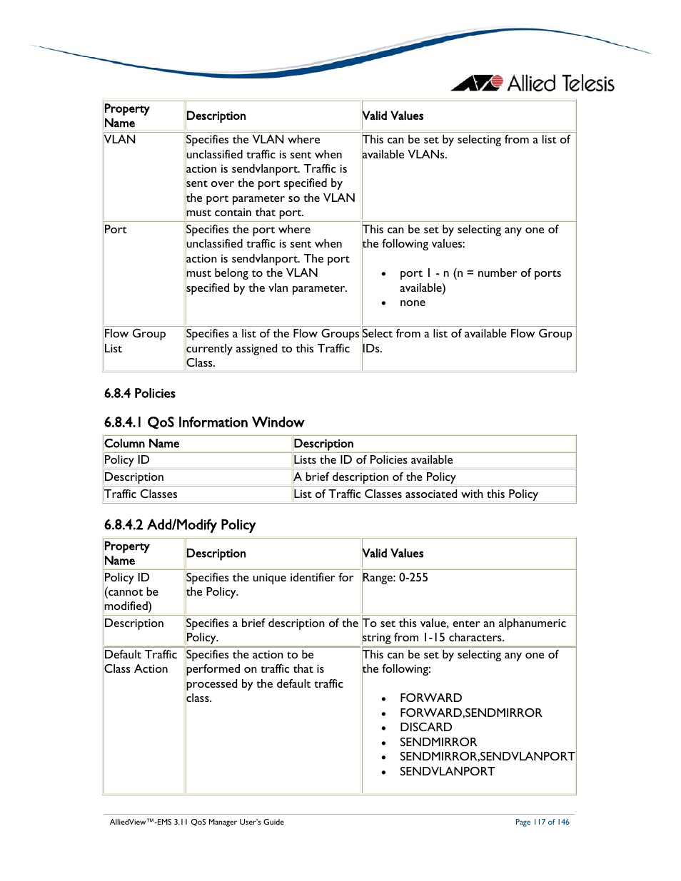 1 qos information window, 2 add/modify policy | Allied Telesis AlliedView-EMS 3.11 QoS MANAGER User Manual | Page 117 / 146
