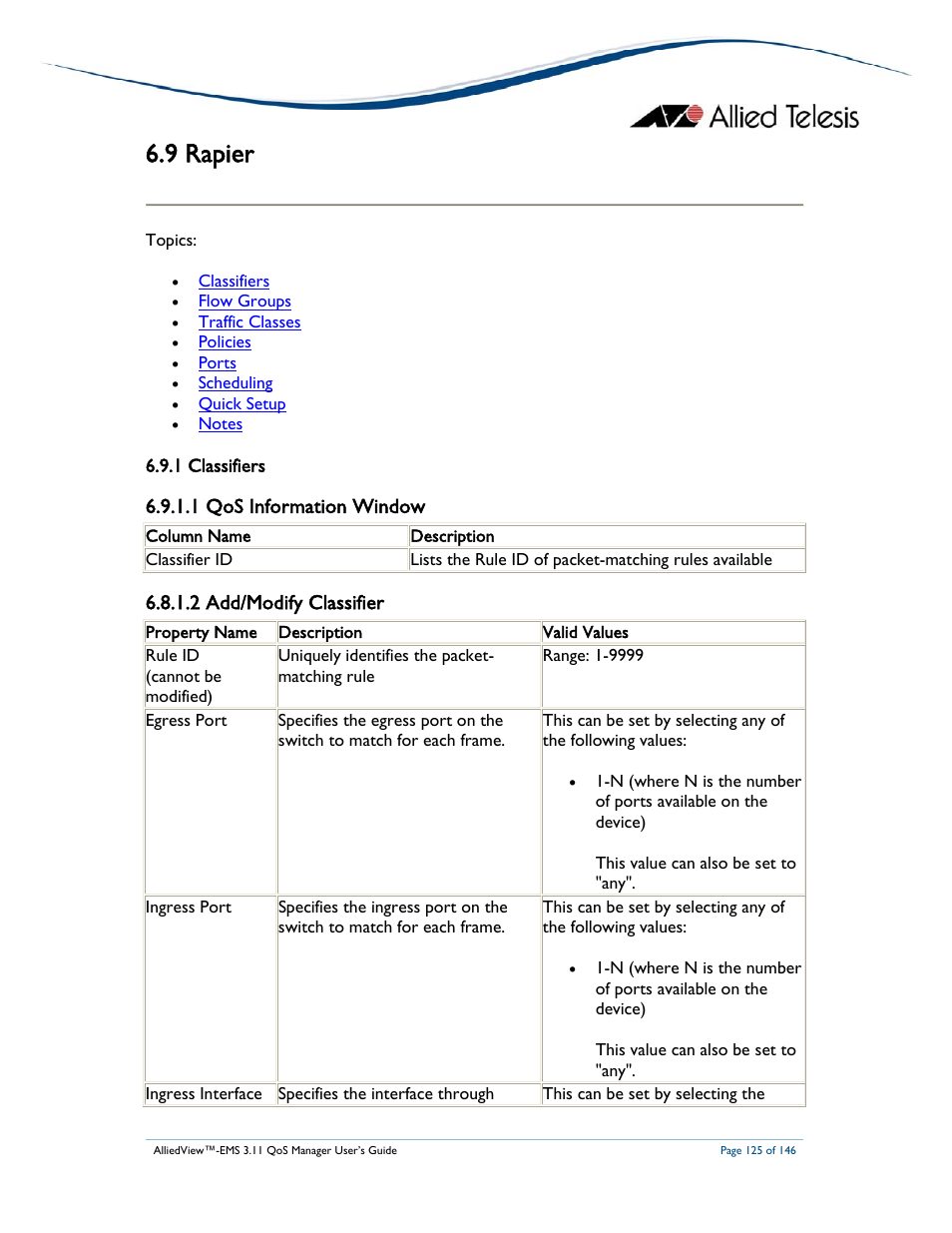9 rapier, 1 qos information window, 2 add/modify classifier | Allied Telesis AlliedView-EMS 3.11 QoS MANAGER User Manual | Page 125 / 146
