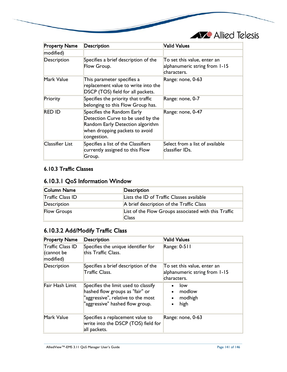 1 qos information window, 2 add/modify traffic class | Allied Telesis AlliedView-EMS 3.11 QoS MANAGER User Manual | Page 141 / 146