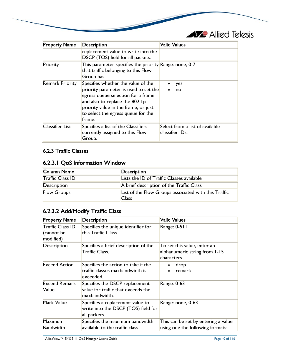 1 qos information window, 2 add/modify traffic class | Allied Telesis AlliedView-EMS 3.11 QoS MANAGER User Manual | Page 40 / 146