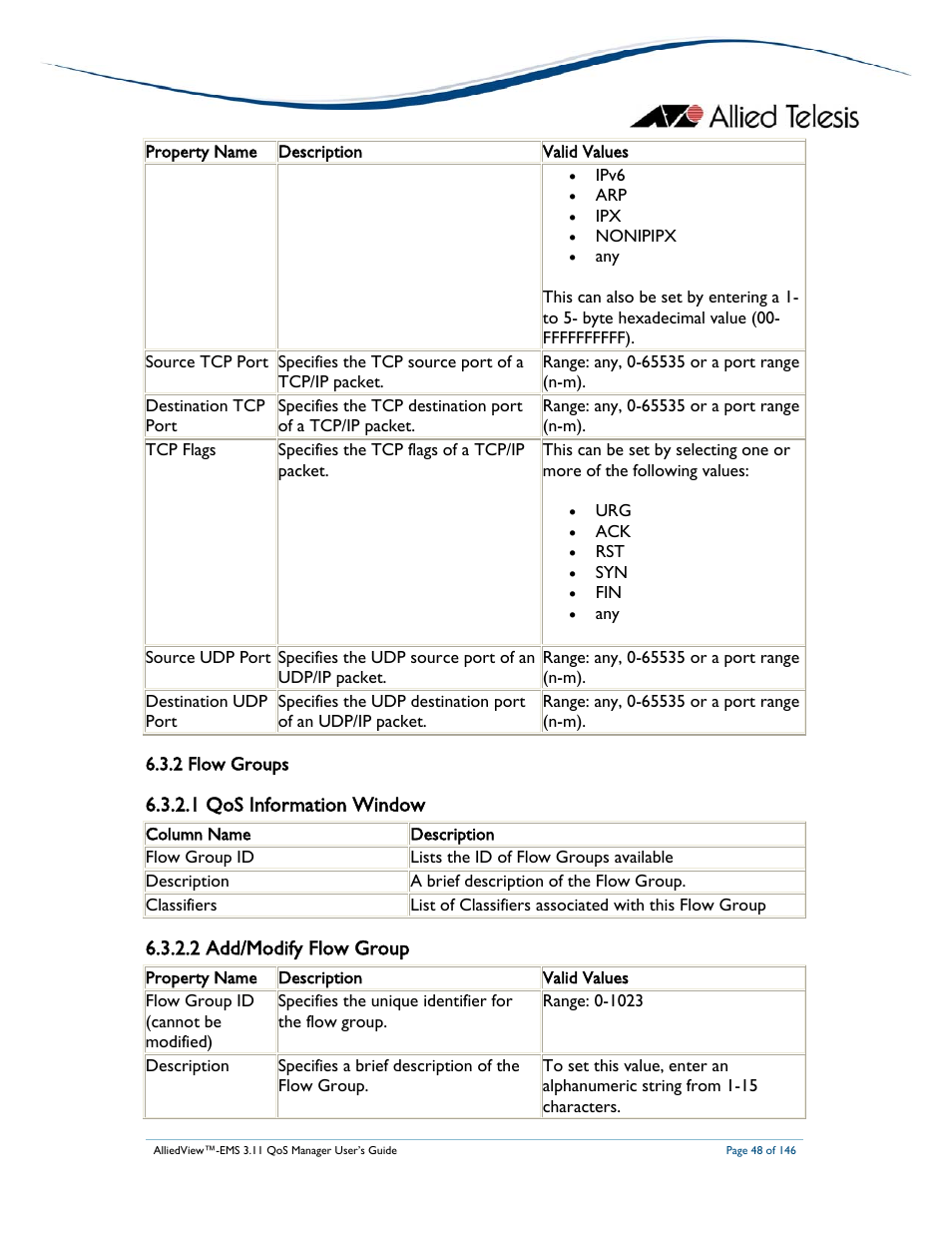 1 qos information window, 2 add/modify flow group | Allied Telesis AlliedView-EMS 3.11 QoS MANAGER User Manual | Page 48 / 146
