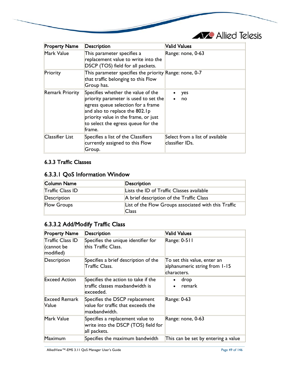 1 qos information window, 2 add/modify traffic class | Allied Telesis AlliedView-EMS 3.11 QoS MANAGER User Manual | Page 49 / 146