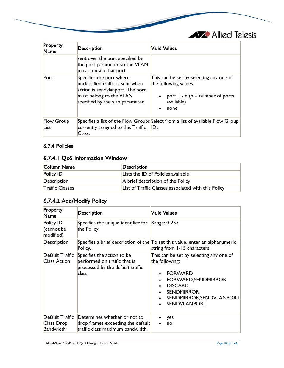 1 qos information window, 2 add/modify policy | Allied Telesis AlliedView-EMS 3.11 QoS MANAGER User Manual | Page 96 / 146