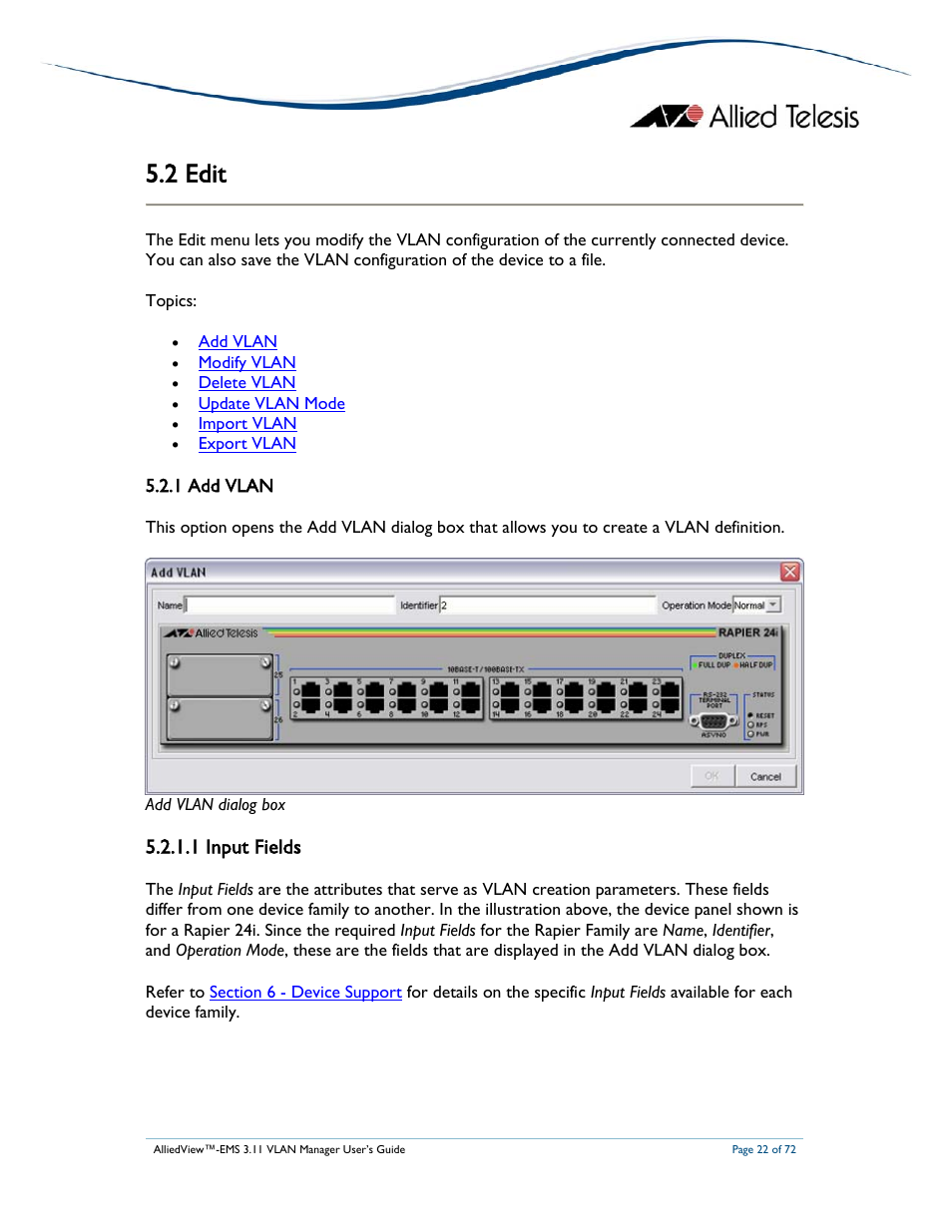 2 edit, 1 input fields, 1 add vlan | Allied Telesis AlliedView-EMS 3.11 VLAN MANAGER User Manual | Page 22 / 72