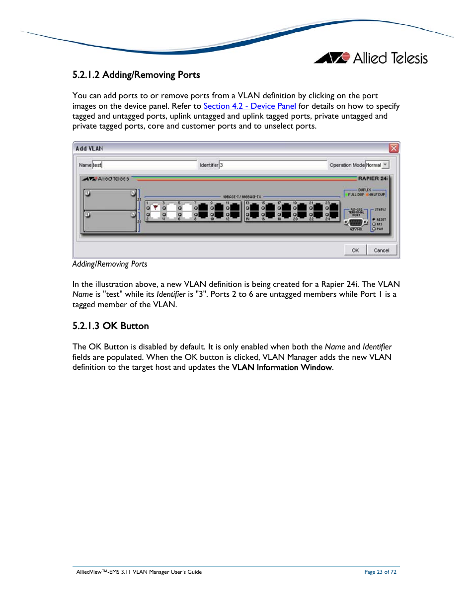 2 adding/removing ports, 3 ok button | Allied Telesis AlliedView-EMS 3.11 VLAN MANAGER User Manual | Page 23 / 72