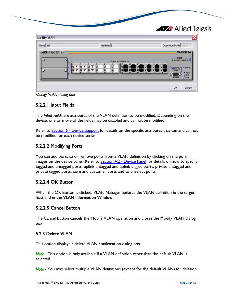 1 input fields, 2 modifying ports, 4 ok button | 5 cancel button, 3 delete vlan | Allied Telesis AlliedView-EMS 3.11 VLAN MANAGER User Manual | Page 25 / 72