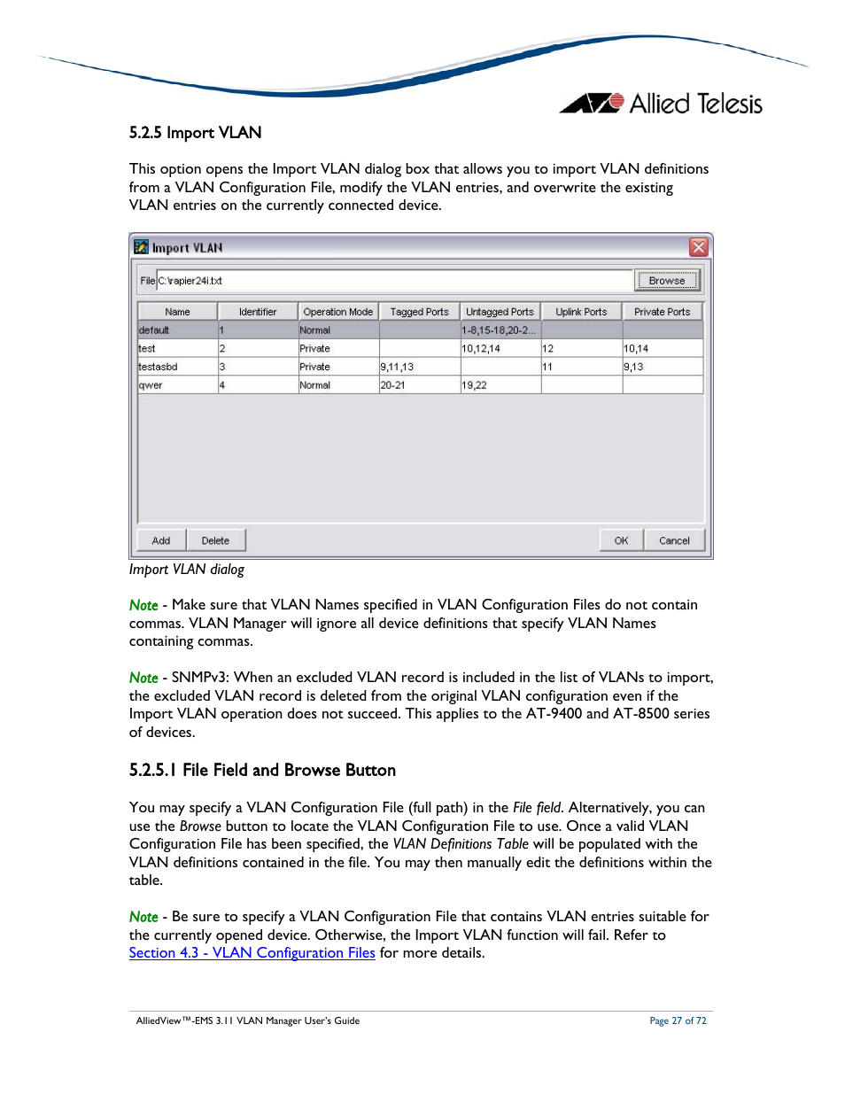 1 file field and browse button, 5 import vlan | Allied Telesis AlliedView-EMS 3.11 VLAN MANAGER User Manual | Page 27 / 72