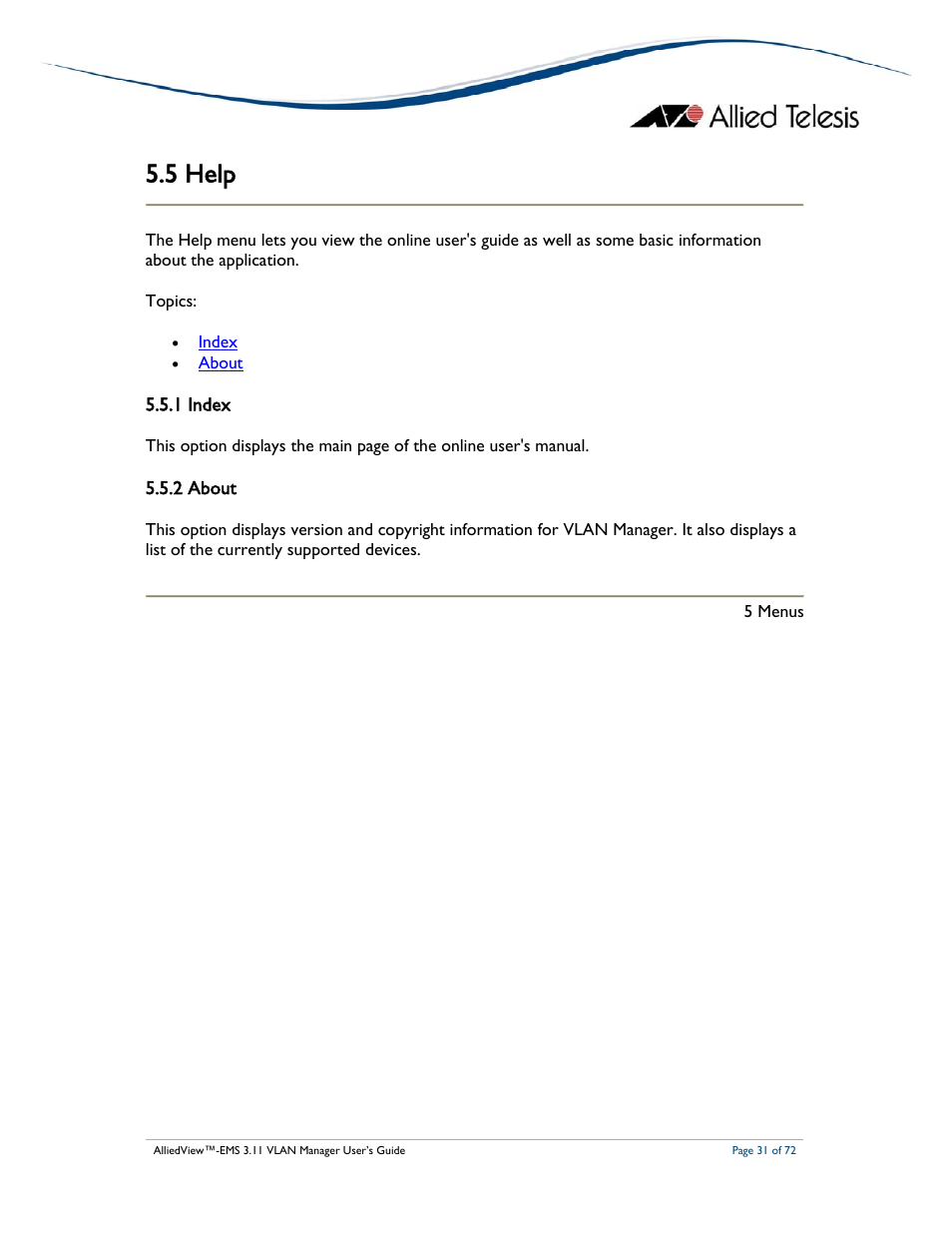 5 help, 1 index, 2 about | Allied Telesis AlliedView-EMS 3.11 VLAN MANAGER User Manual | Page 31 / 72