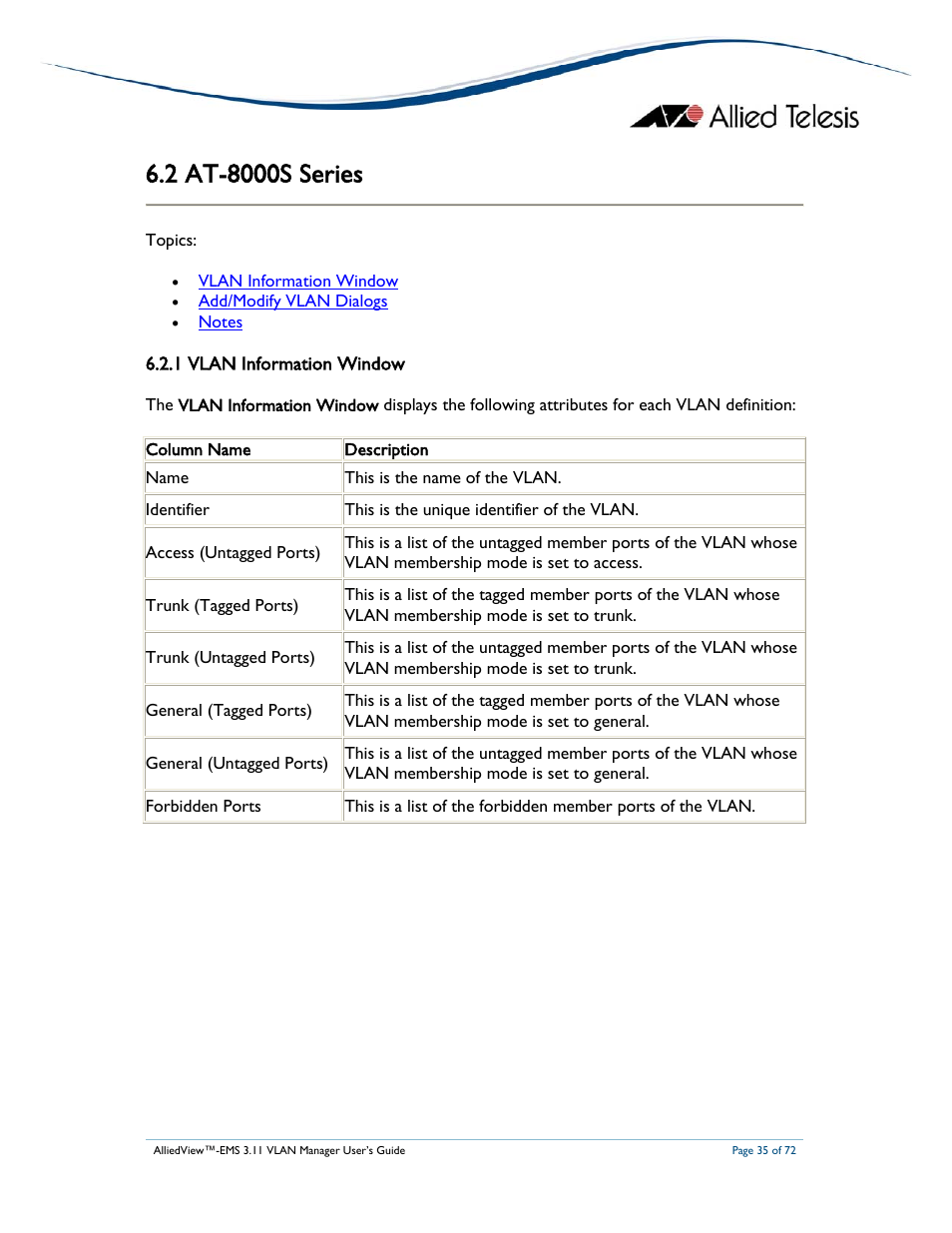 1 vlan information window | Allied Telesis AlliedView-EMS 3.11 VLAN MANAGER User Manual | Page 35 / 72