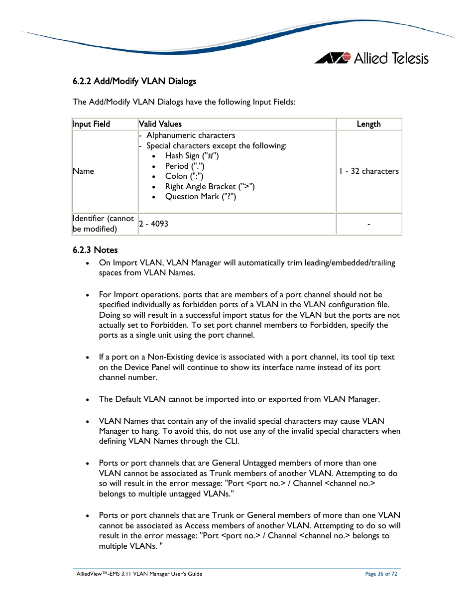 2 add/modify vlan dialogs | Allied Telesis AlliedView-EMS 3.11 VLAN MANAGER User Manual | Page 36 / 72