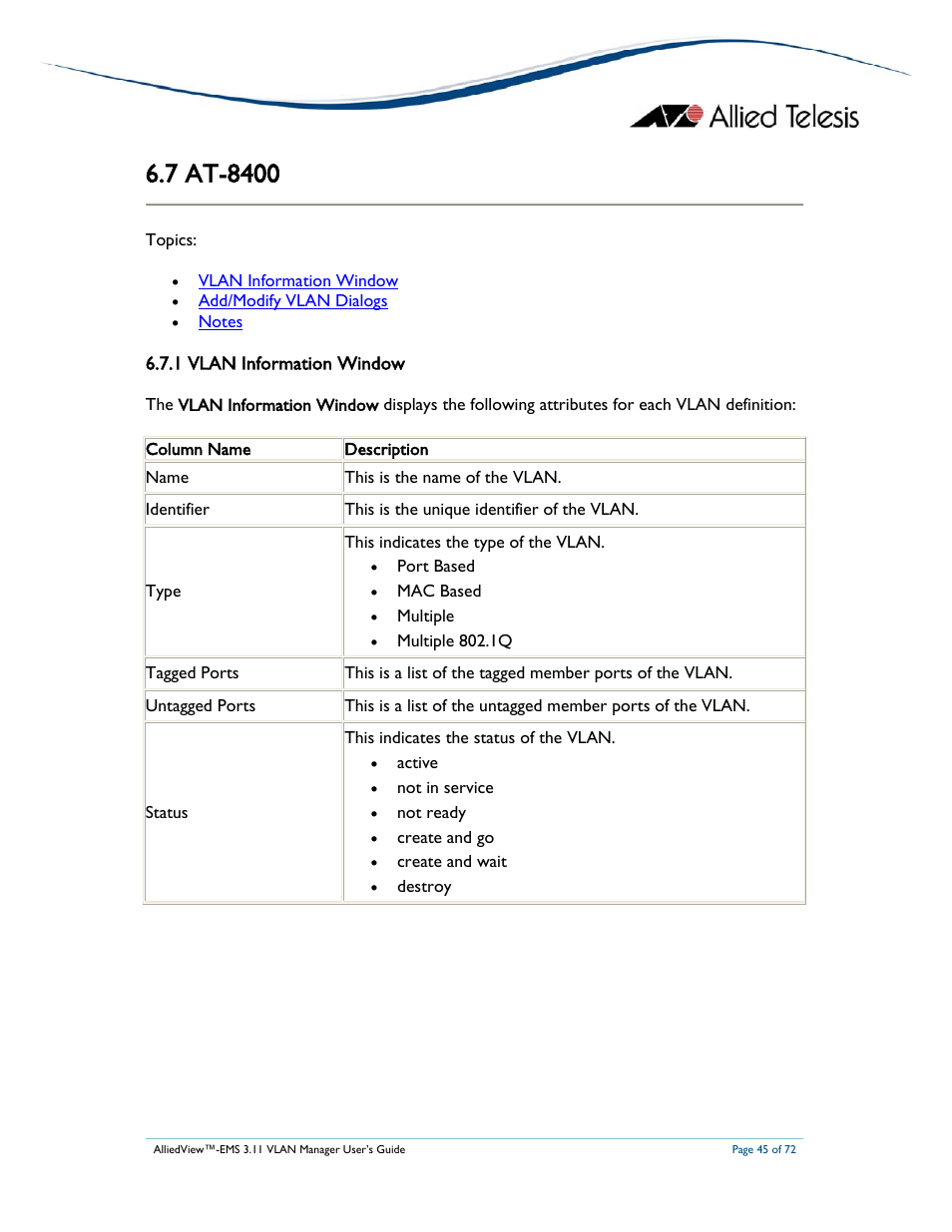 1 vlan information window | Allied Telesis AlliedView-EMS 3.11 VLAN MANAGER User Manual | Page 45 / 72