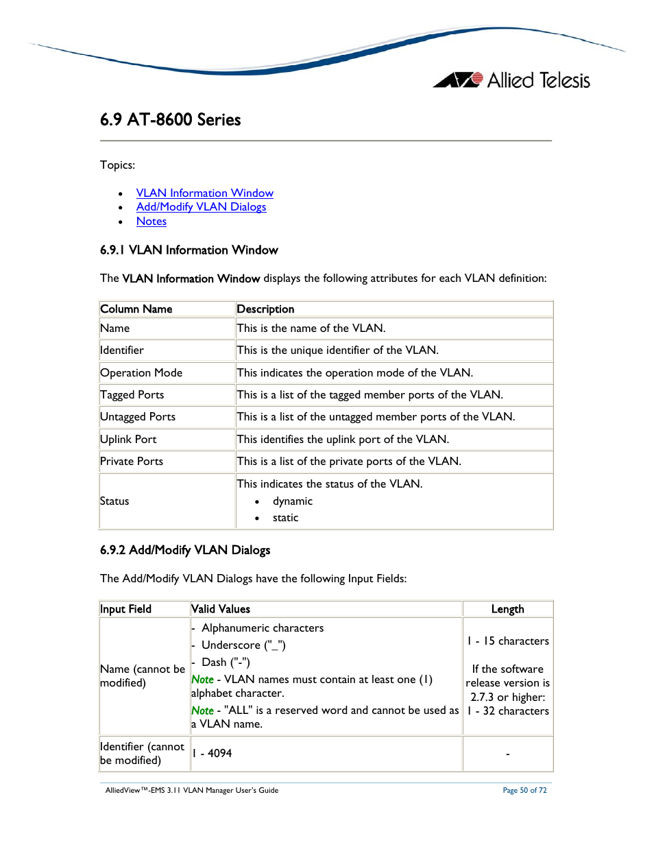 Allied Telesis AlliedView-EMS 3.11 VLAN MANAGER User Manual | Page 50 / 72
