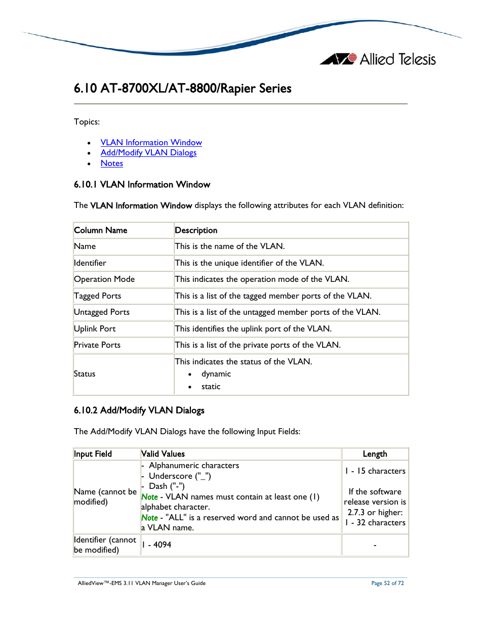 Allied Telesis AlliedView-EMS 3.11 VLAN MANAGER User Manual | Page 52 / 72