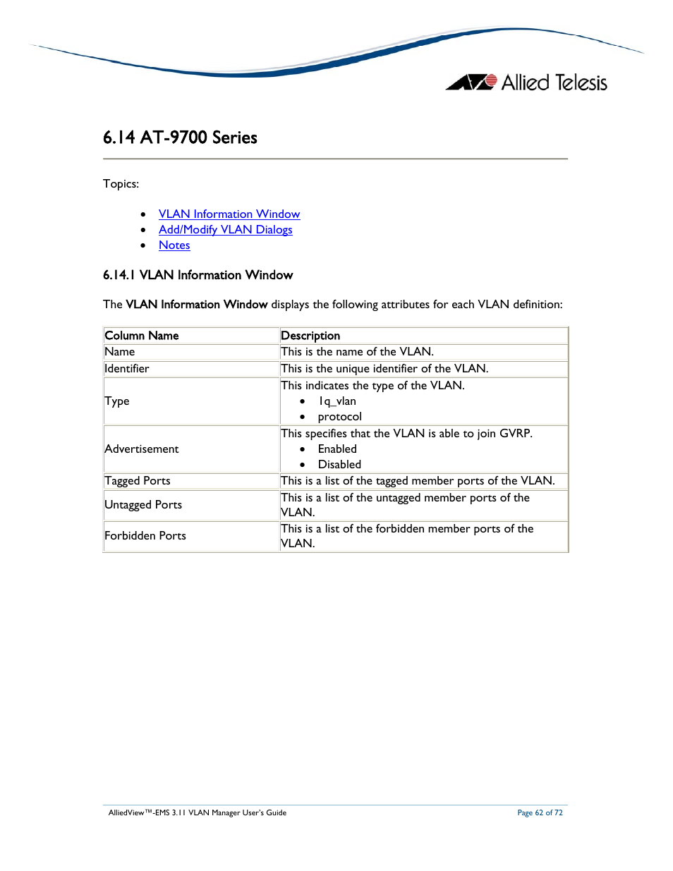 Allied Telesis AlliedView-EMS 3.11 VLAN MANAGER User Manual | Page 62 / 72