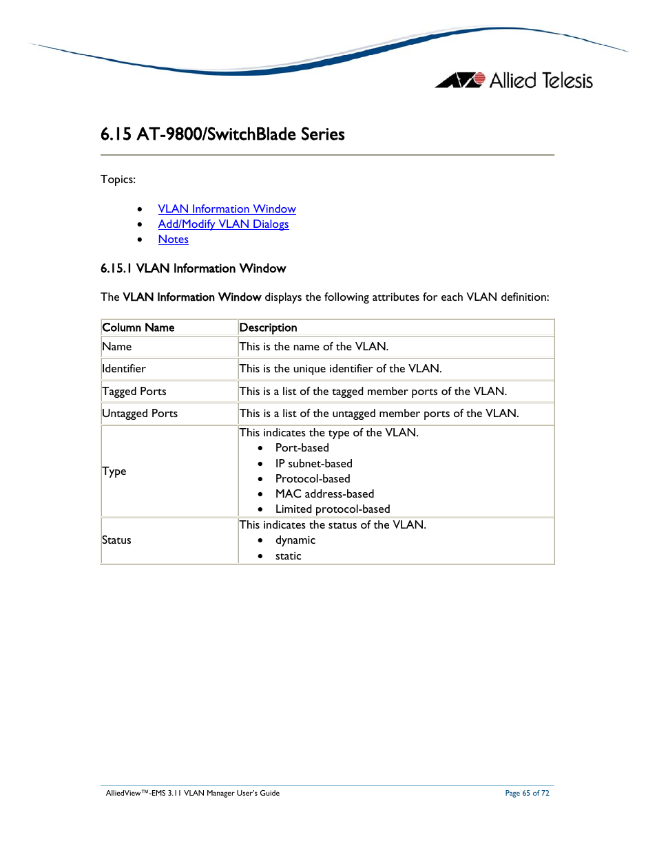 Allied Telesis AlliedView-EMS 3.11 VLAN MANAGER User Manual | Page 65 / 72