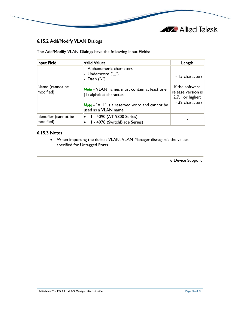 2 add/modify vlan dialogs | Allied Telesis AlliedView-EMS 3.11 VLAN MANAGER User Manual | Page 66 / 72