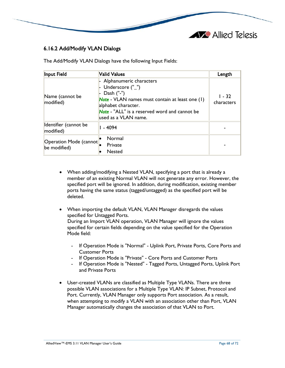 Allied Telesis AlliedView-EMS 3.11 VLAN MANAGER User Manual | Page 68 / 72