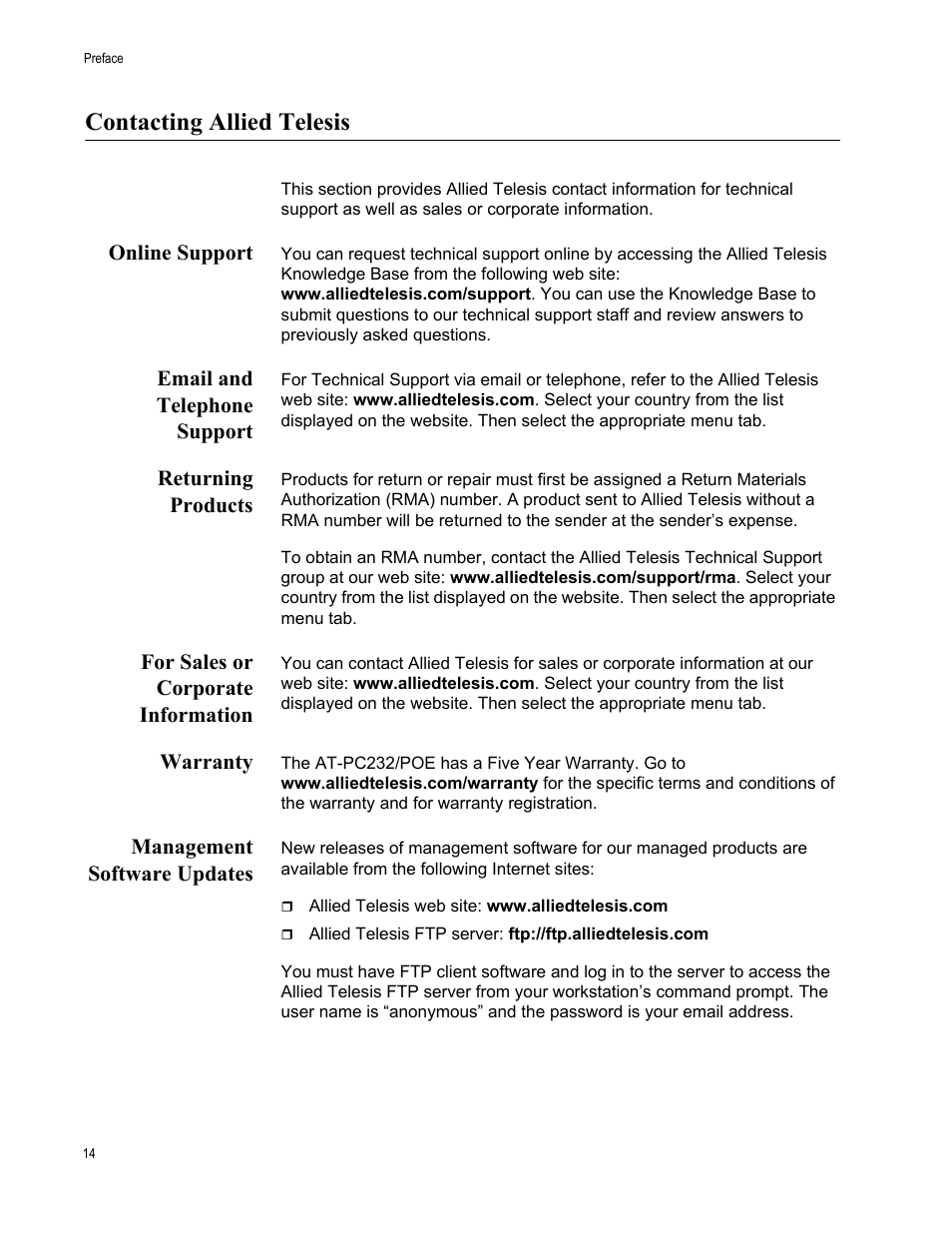 Contacting allied telesis, Online support, Email and telephone support | Returning products, For sales or corporate information, Warranty, Management software updates | Allied Telesis AT-PC232/POE User Manual | Page 14 / 62