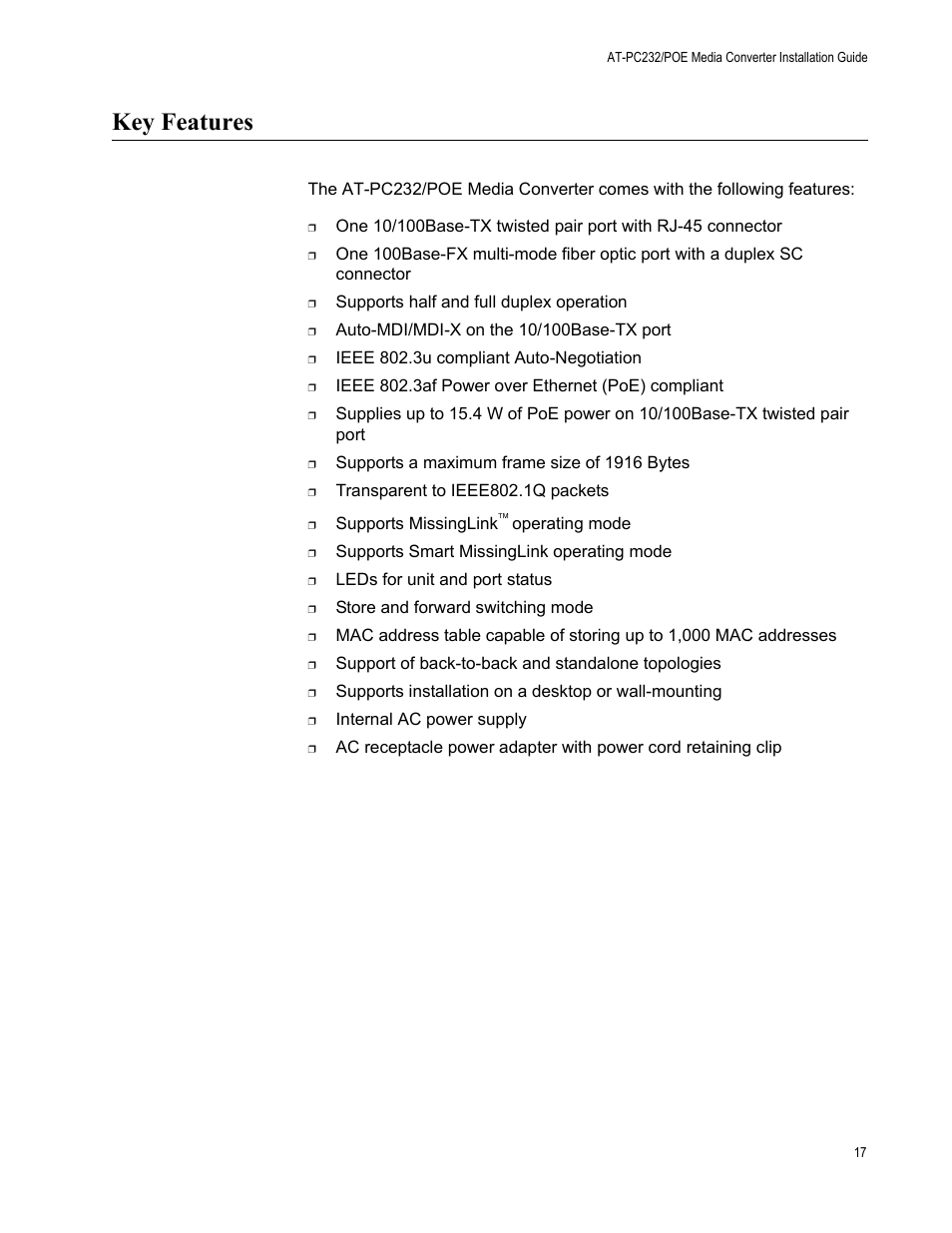 Key features | Allied Telesis AT-PC232/POE User Manual | Page 17 / 62