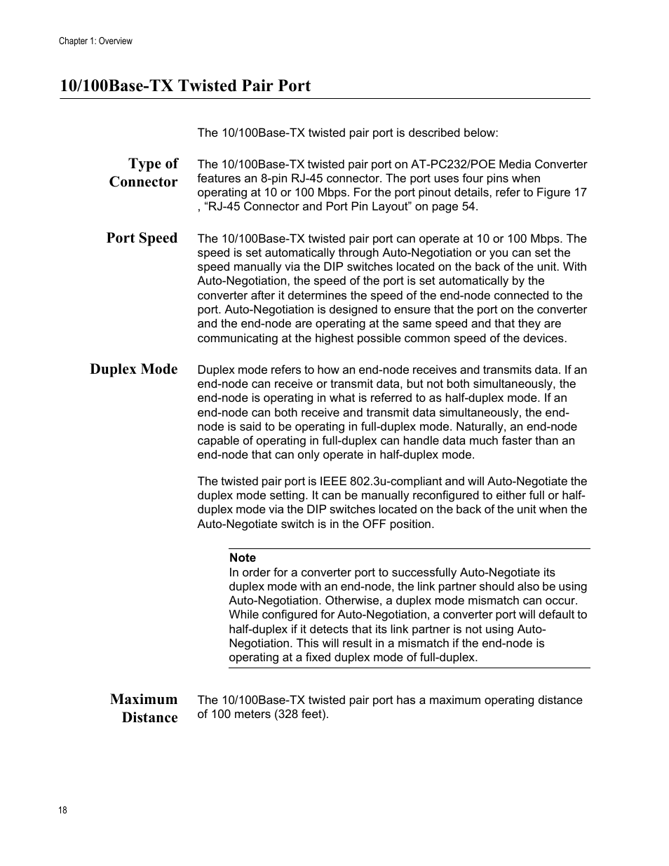 10/100base-tx twisted pair port, Type of connector, Port speed | Duplex mode, Maximum distance | Allied Telesis AT-PC232/POE User Manual | Page 18 / 62