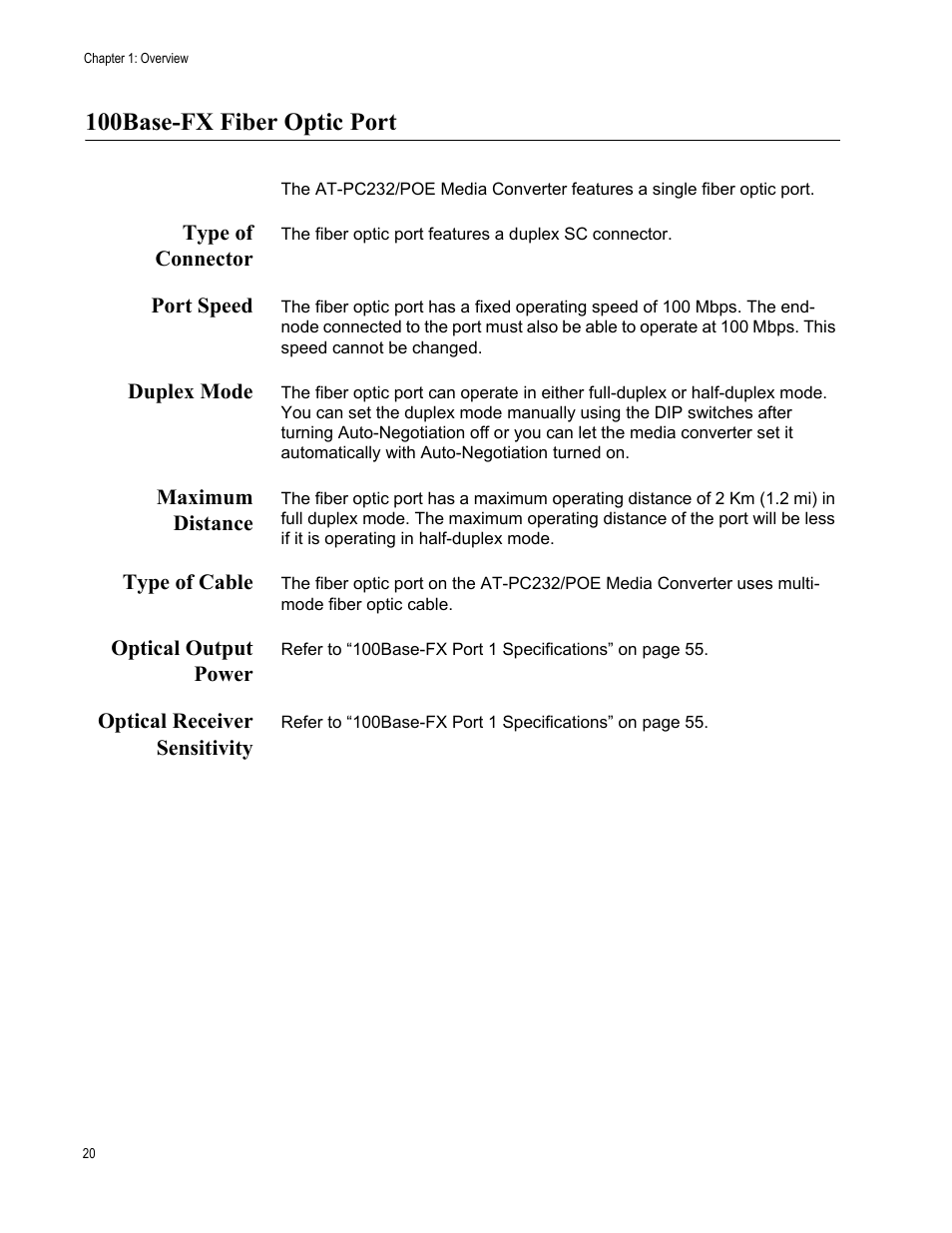 100base-fx fiber optic port, Type of connector, Port speed | Duplex mode, Maximum distance, Type of cable, Optical output power, Optical receiver sensitivity | Allied Telesis AT-PC232/POE User Manual | Page 20 / 62