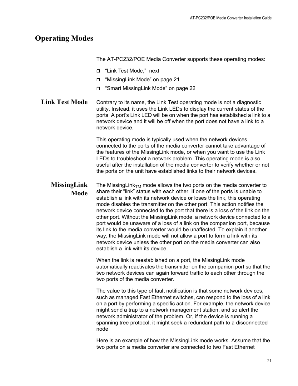 Operating modes, Link test mode, Missinglink mode | Link test mode missinglink mode | Allied Telesis AT-PC232/POE User Manual | Page 21 / 62