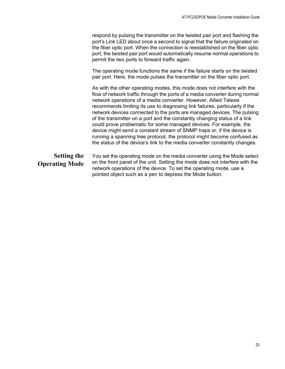Setting the operating mode | Allied Telesis AT-PC232/POE User Manual | Page 23 / 62