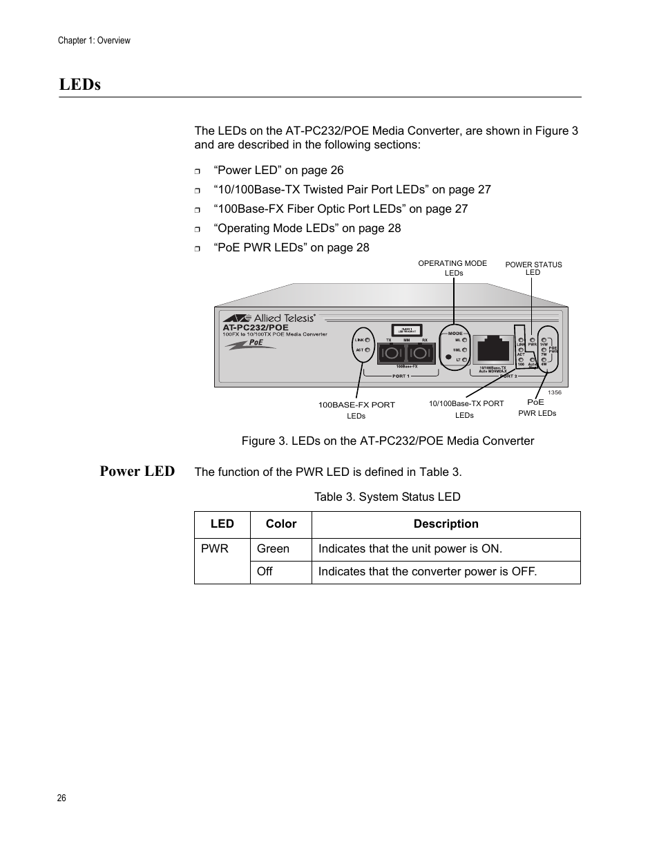 Leds, Power led, Figure 3. leds on the at-pc232/poe media converter | Table 3. system status led | Allied Telesis AT-PC232/POE User Manual | Page 26 / 62